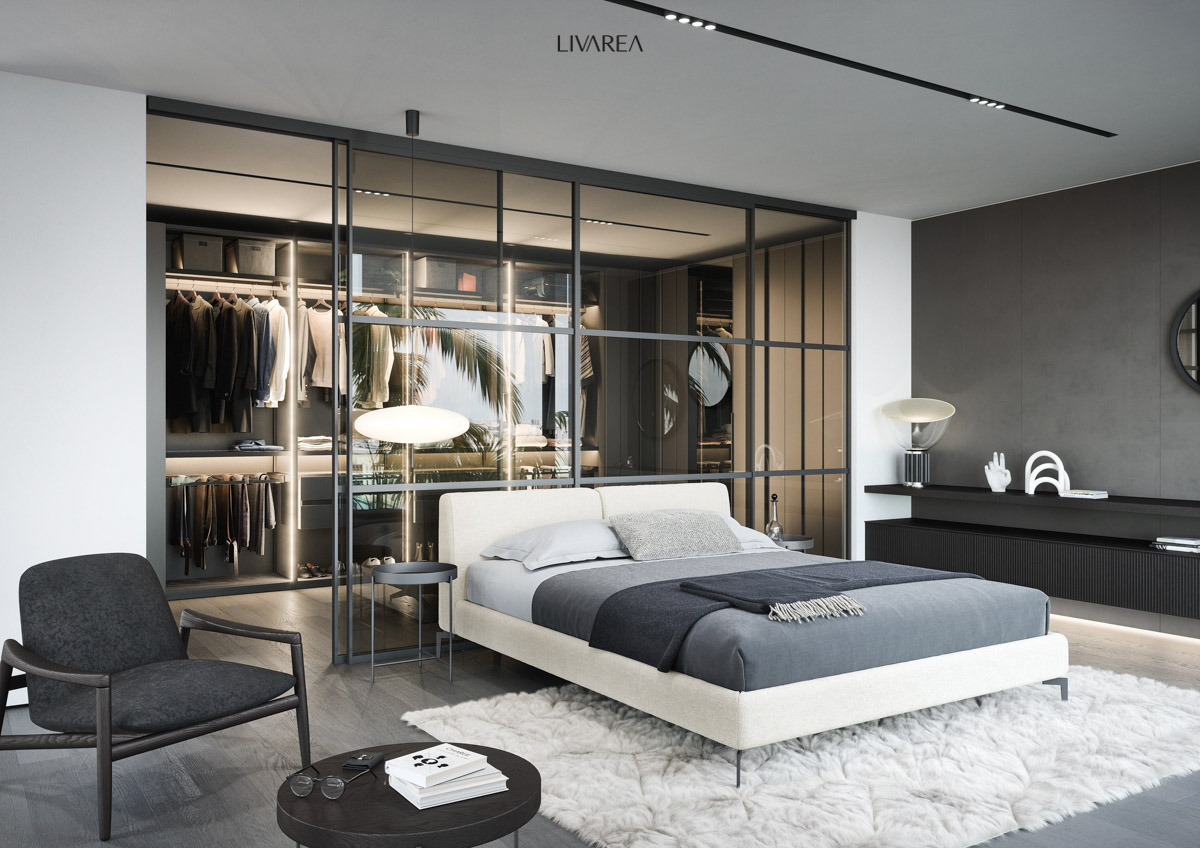 Exclusieve slaapkamerkast met transparante schuifdeuren gescheiden in beige gelakt met led verlichting broekenrek laden Exclusieve slaapkamerkast met transparante schuifdeuren gescheiden in beige gelakt met led verlichting broekenrek laden