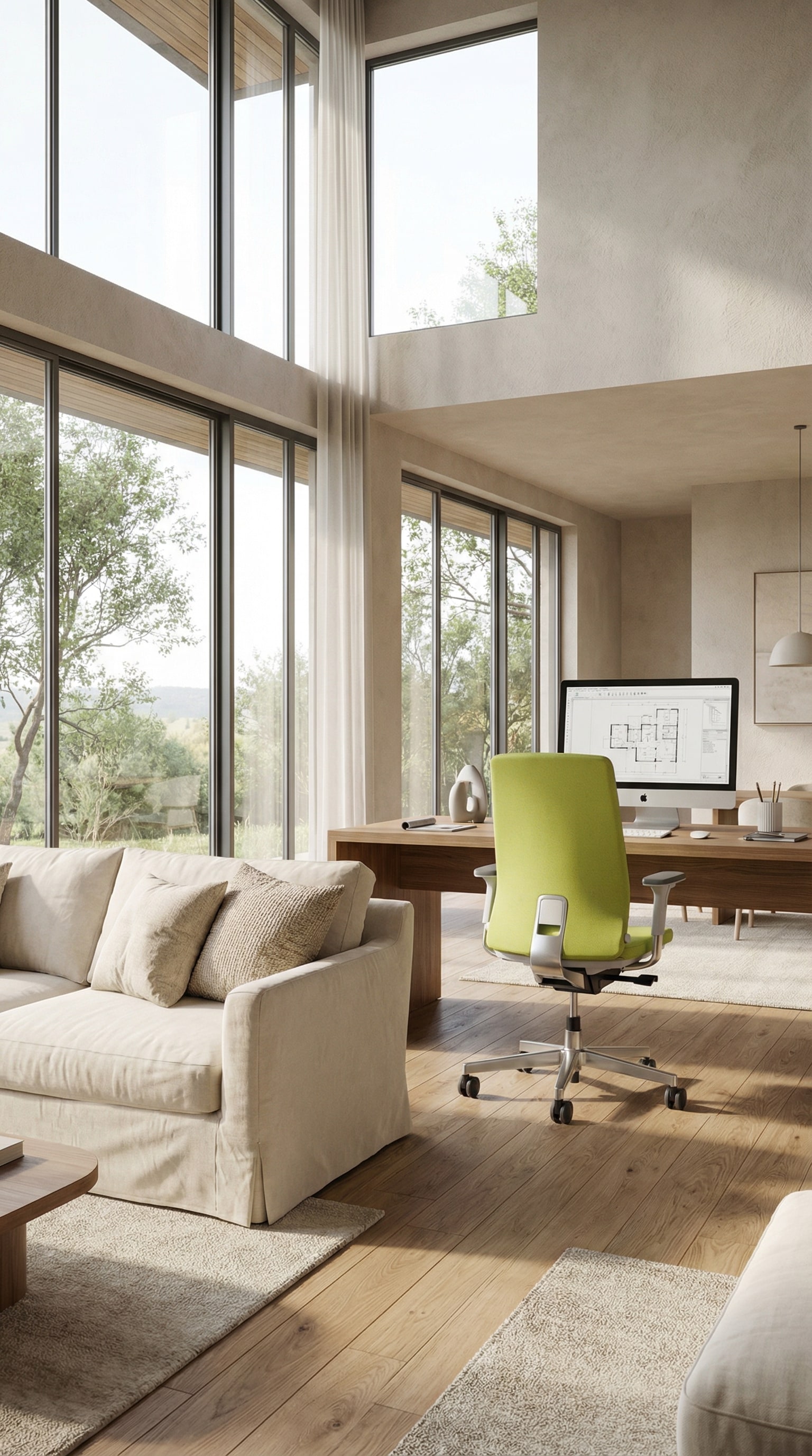 De ICF Pyla ergonomische bureaustoel met fijn netweefsel aan een modern bureau in de lichtdoorstroomde woonkamer De ICF Pyla ergonomische bureaustoel met fijn netweefsel aan een modern bureau in de lichtdoorstroomde woonkamer