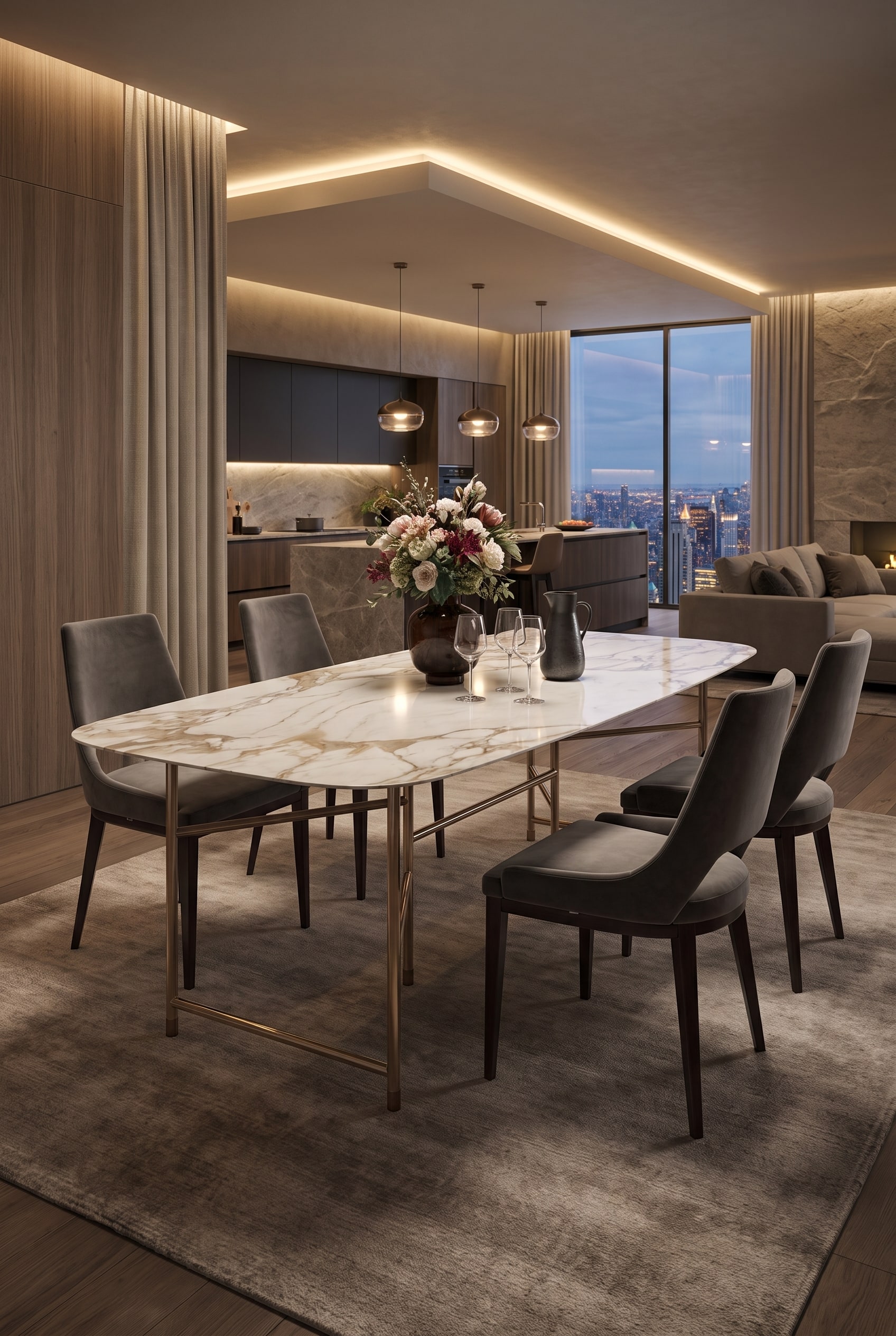 Esszimmer mit Marmortisch und Polsterstühlen Esszimmer mit Marmortisch und Polsterstühlen
