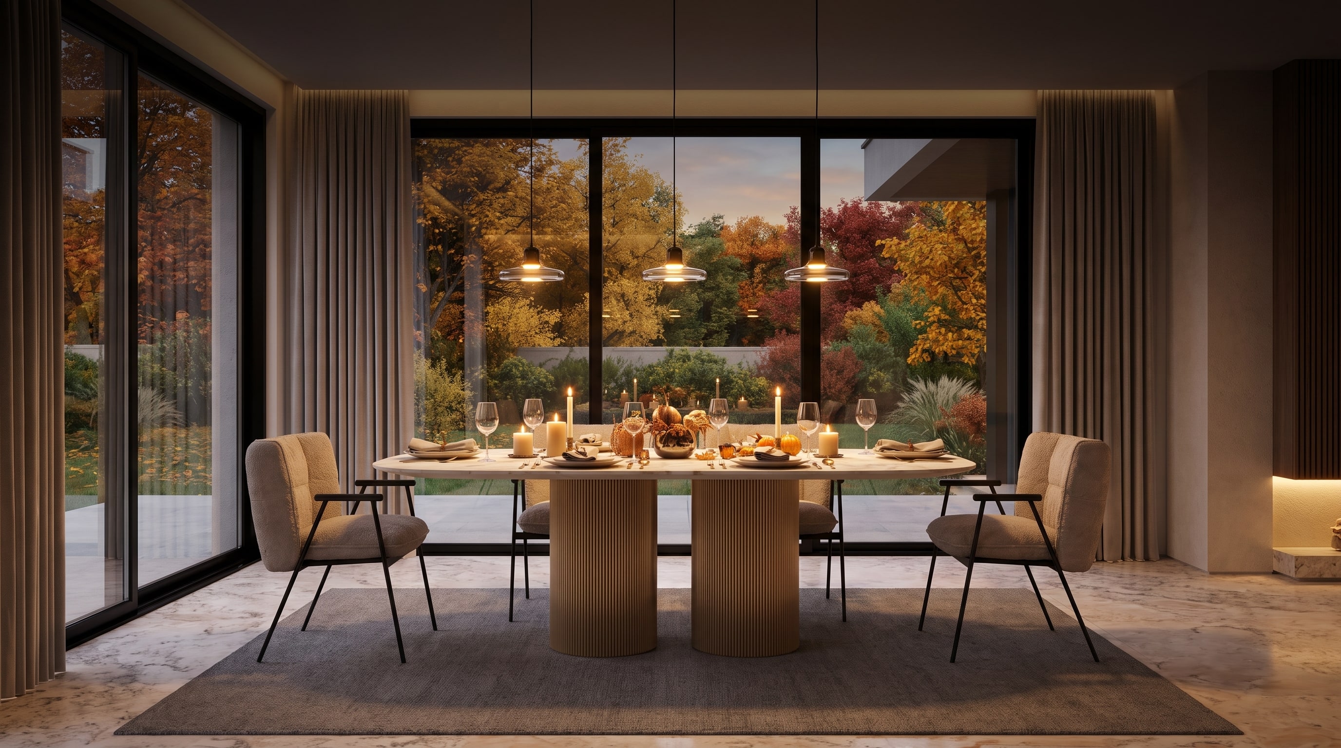 Designmeubelen Eetkamer: De impact van sculpturale tafels in herfstlicht