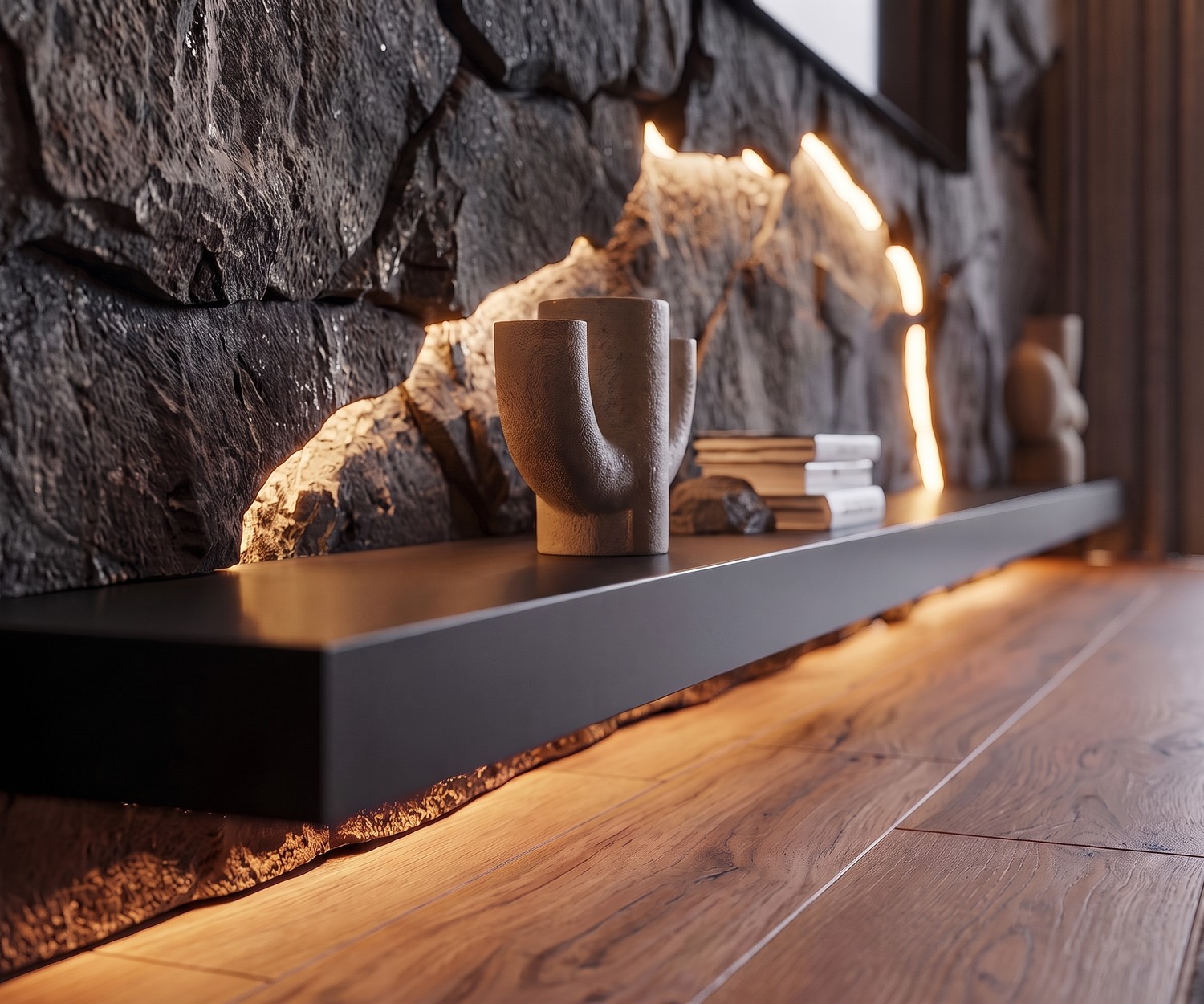 Livitalia zwevend tv-meubel in de woonkamer tegen een natuurstenen wand met sfeervolle ledverlichting, modern design.