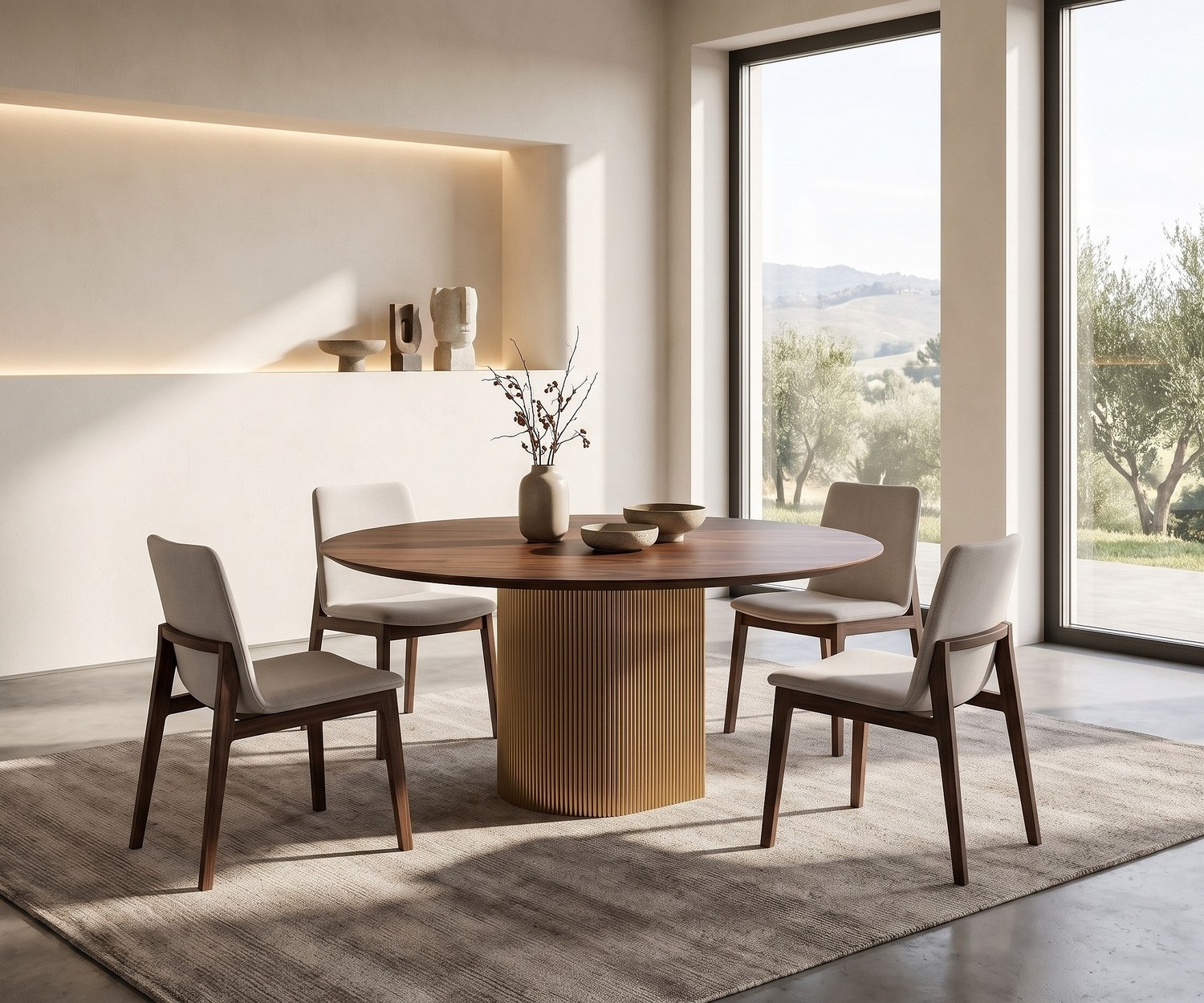 Ronde eettafel al2 dakry br 001 voor de eetkamer, moderne ronde tafel met wit marmeren blad en gouden geribbelde voet.