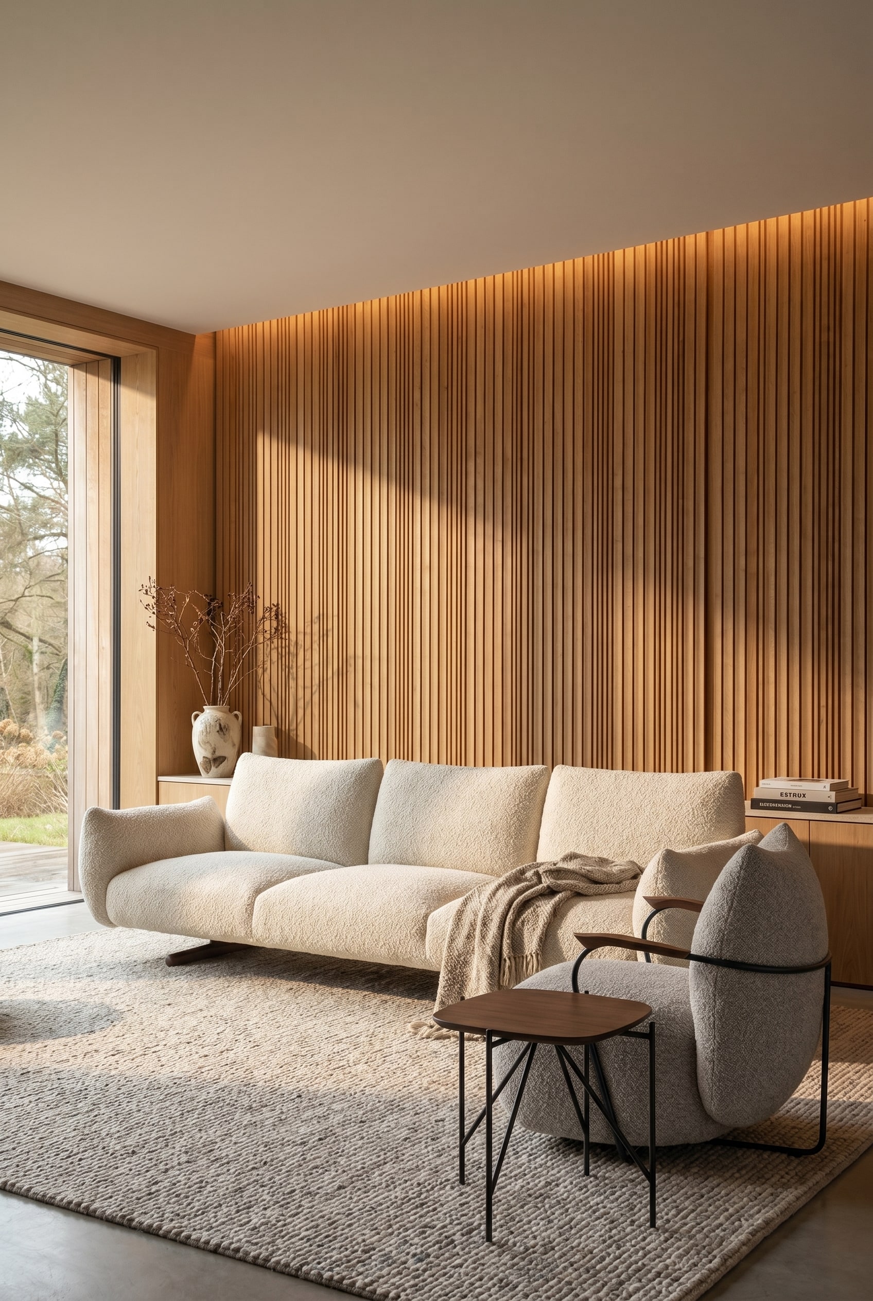 Modernes Wohnzimmer mit heller Lamellenwand aus Eichenholz, davor ein voluminöses cremefarbenes Bouclé-Sofa mit dezentem Wandabstand