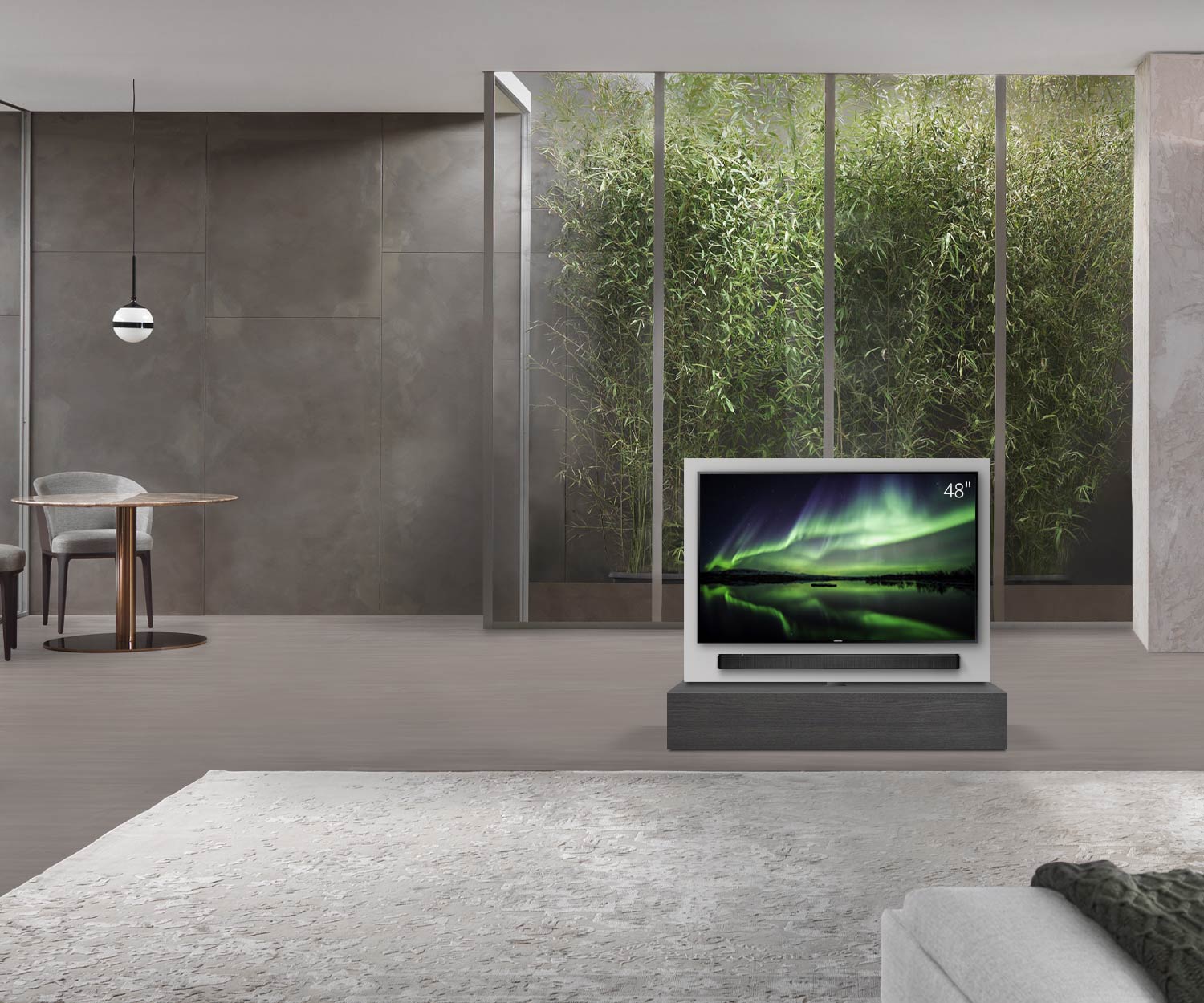 Livitalia Roto design lowboard ruimteverdeler met draaibaar TV-paneel B120 50 H25 D47 EiGr zonder oBox