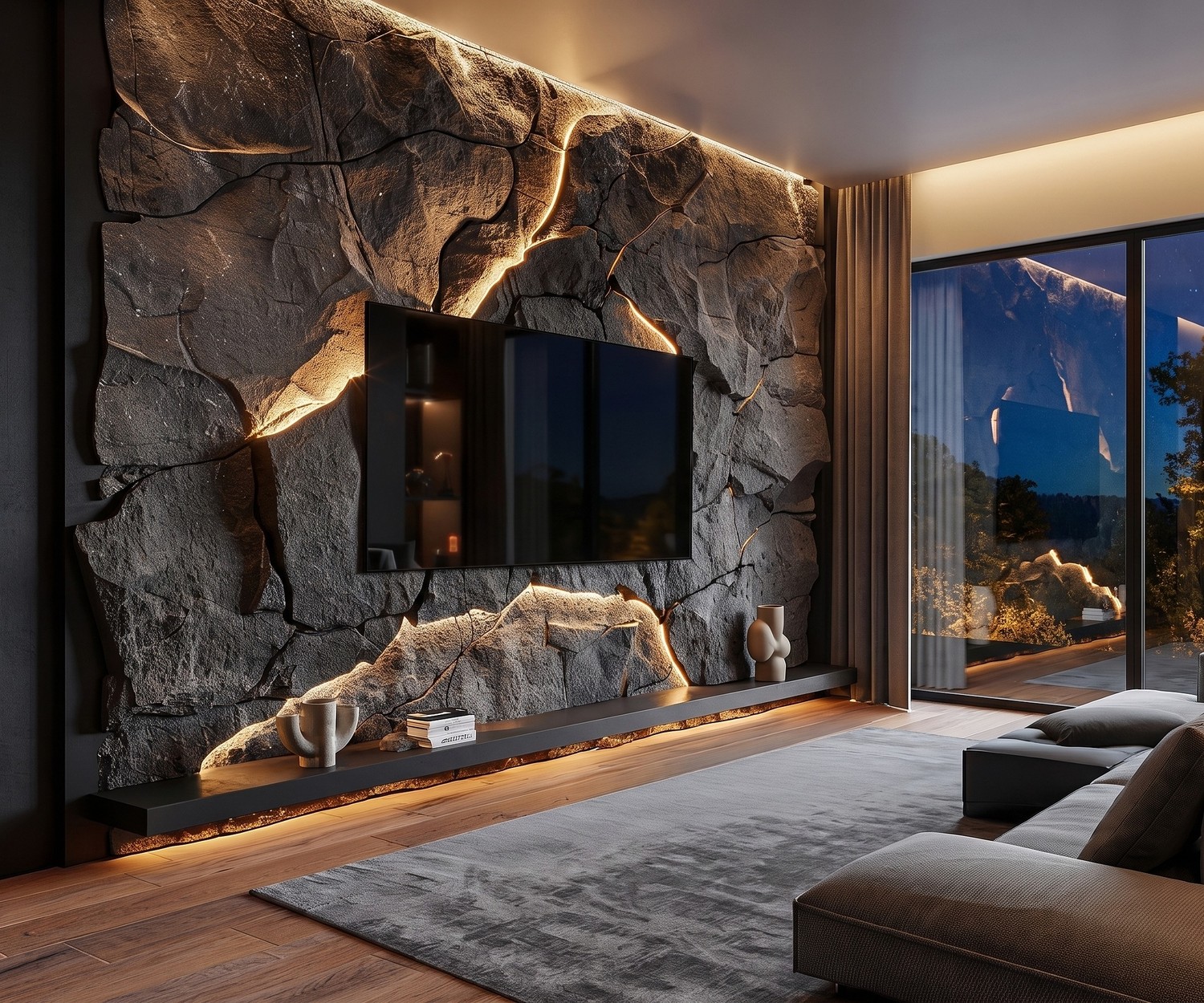 Livitalia TV-wandplank in zwart onder de televisie in een luxe moderne woonkamer met sfeervolle verlichte stenen muur.