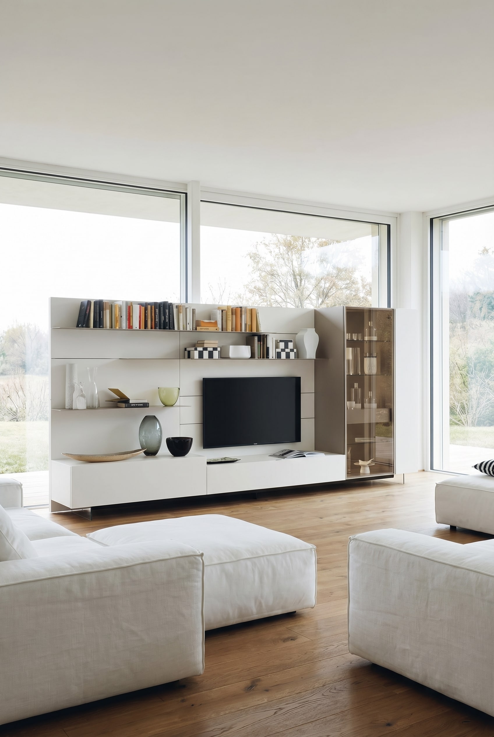 Wohnwand C42 in mattem Weiß kombiniert mit eleganten Glasvitrinen im modernen Design Wohnwand C42 in mattem Weiß kombiniert mit eleganten Glasvitrinen im modernen Design
