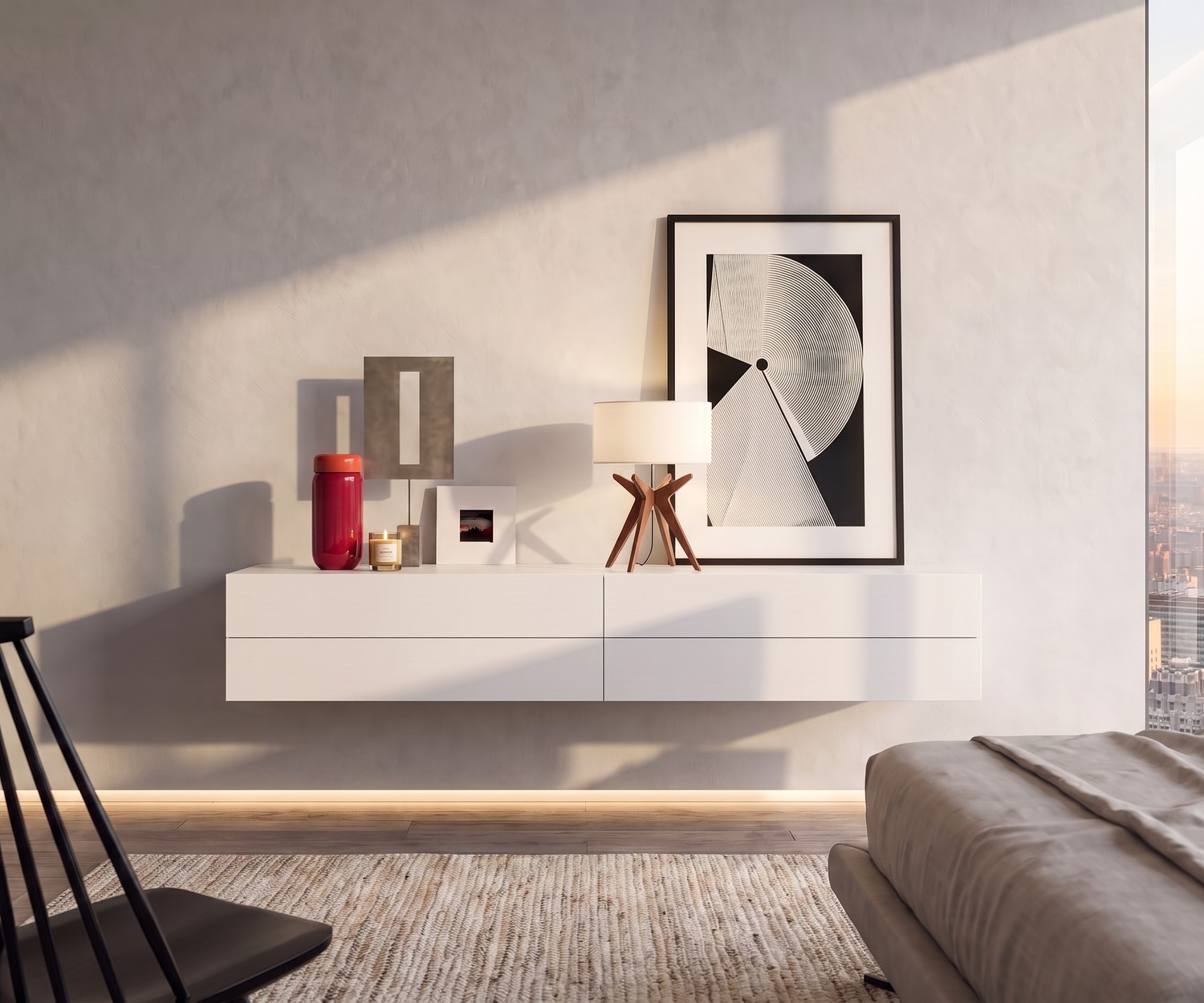Novamobili Easy Zwevend Dressoir met 4 Laden Zwevend dressoir in de slaapkamer: Witte Novamobili Easy hangende commode met 4 laden in een minimalistisch interieur.