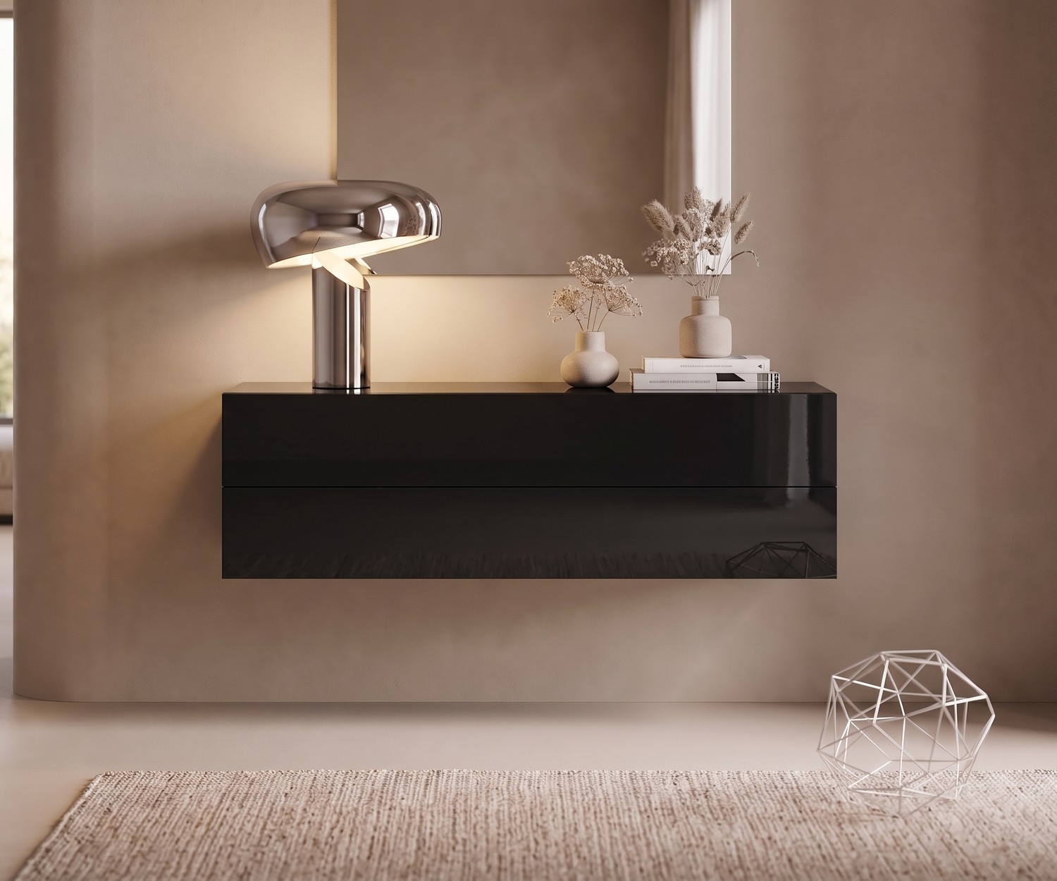 Novamobili Easy hangende ladekast hoogglans zwart Hangend ladekastje Novamobili Easy in hoogglans zwart voor de hal, minimalistisch Italiaans design wandmeubel.