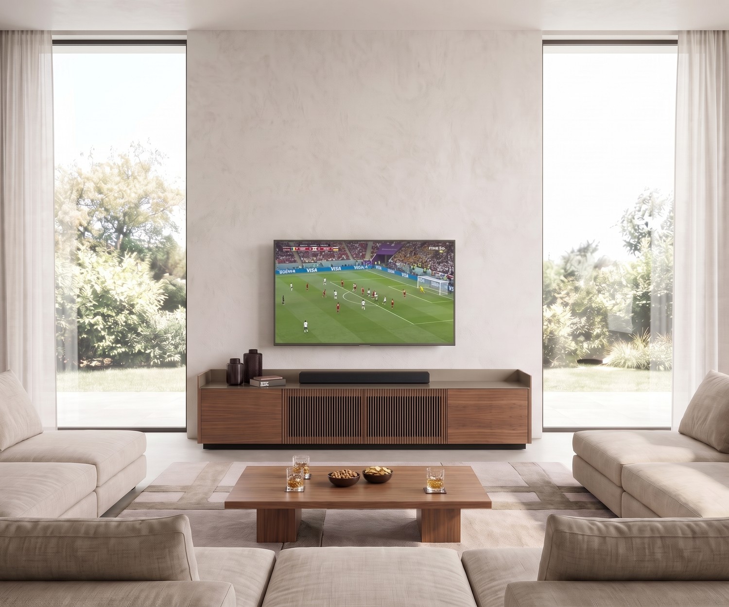 Punt Stockholm TV lowboard van walnoot in een moderne woonkamer. Stijlvol TV-meubel met een dunne aluminium bovenplaat.