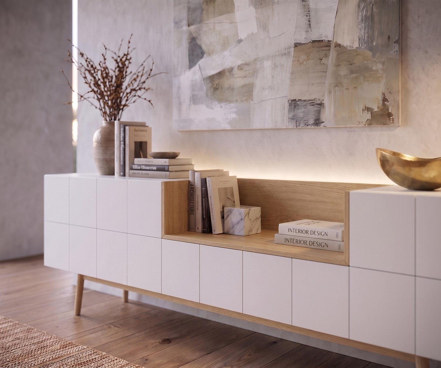 al2 MOS-I-KO 003 A dressoir voor de woonkamer, wit gelakt met massief eiken in een moderne retro stijl.