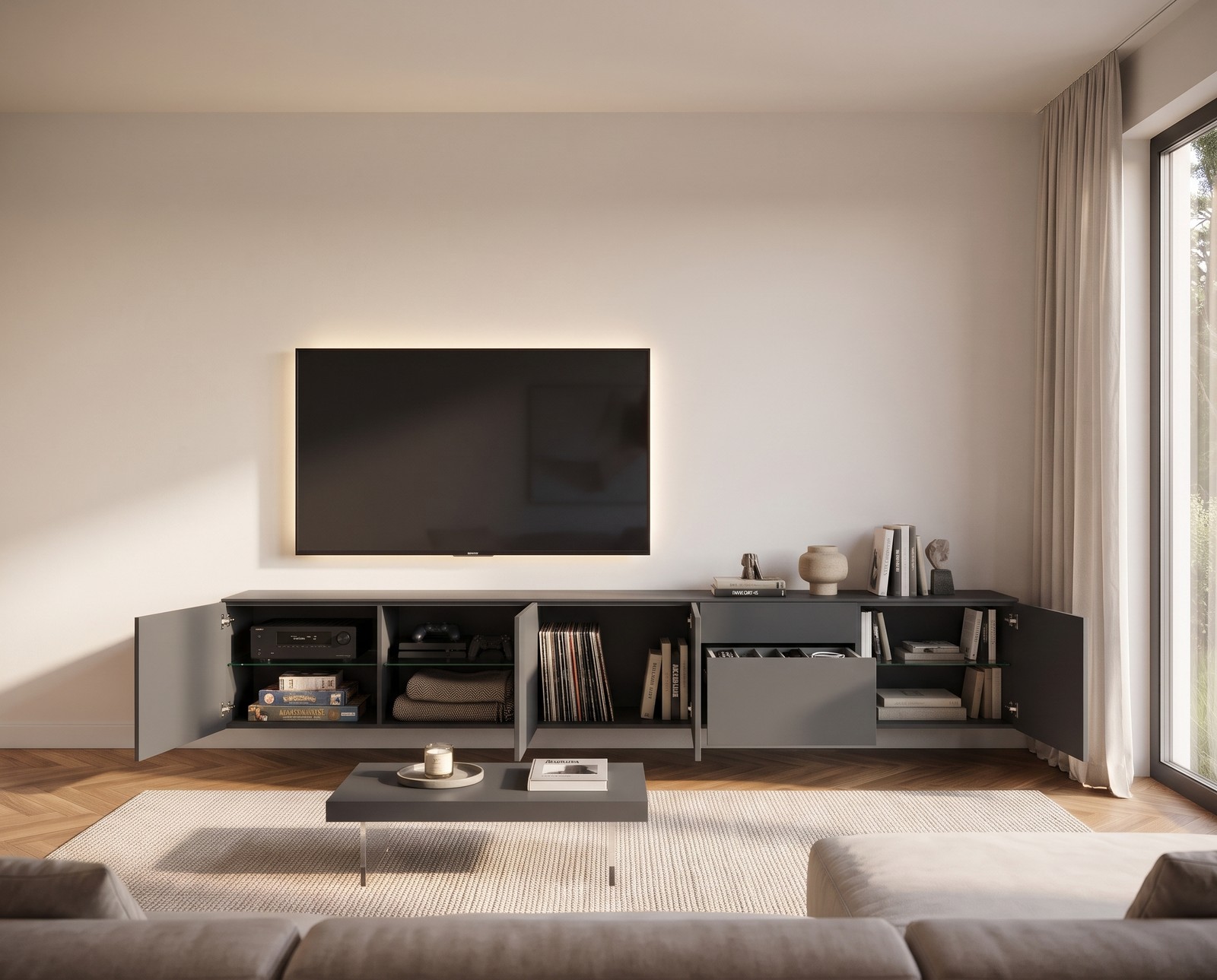 TV-Sideboard Spaziora B 300 cm mit geöffneten Türen und Schublade: viel Stauraum mit Glasböden TV-Sideboard Spaziora B 300 cm mit geöffneten Türen und Schublade: viel Stauraum mit Glasböden