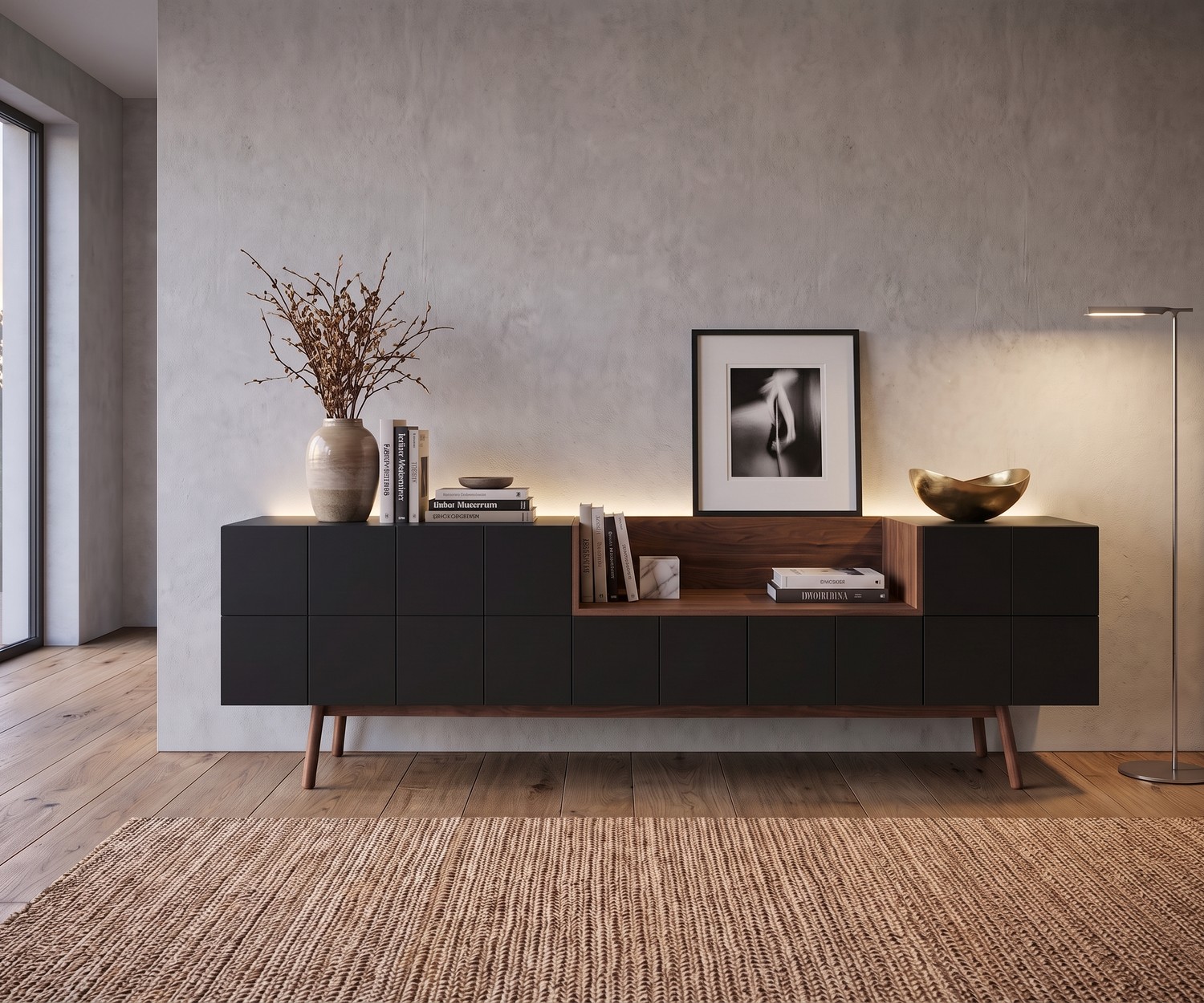 al2 dressoir MOS-I-KO 003 A in de woonkamer van matzwarte lak en hout in een moderne retrostijl met veel opbergruimte.