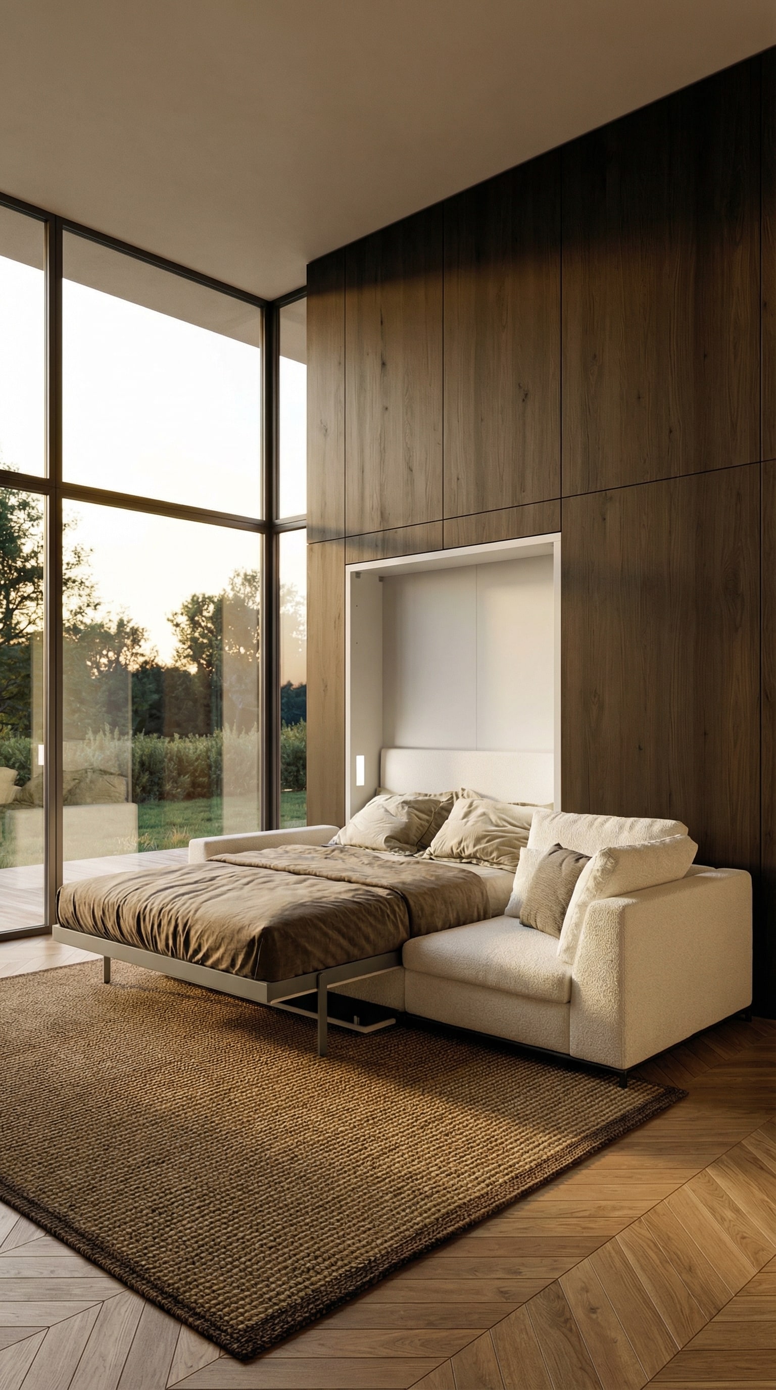 Een luxueuze loungeruimte met een comfortabele bank, waarachter het Clei Tonale kastbed verborgen is.