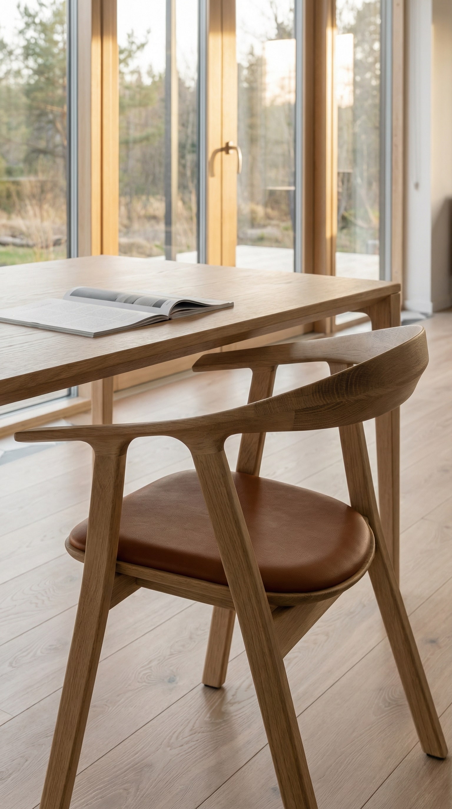 Hoogwaardige massief houten stoel met bruin lederen bekleding aan een lichte houten tafel Hoogwaardige massief houten stoel met bruin lederen bekleding aan een lichte houten tafel