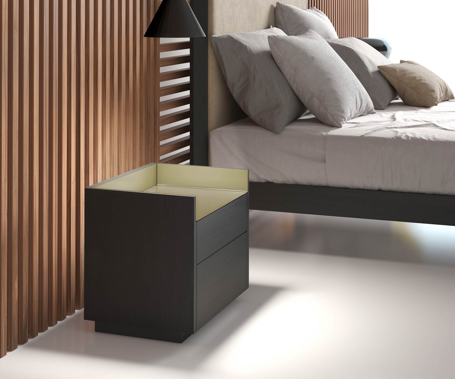 Exclusief design nachtkastje met bedlampje naast bed in slaapkamer gefineerd Exclusief design nachtkastje met bedlampje naast bed in slaapkamer gefineerd