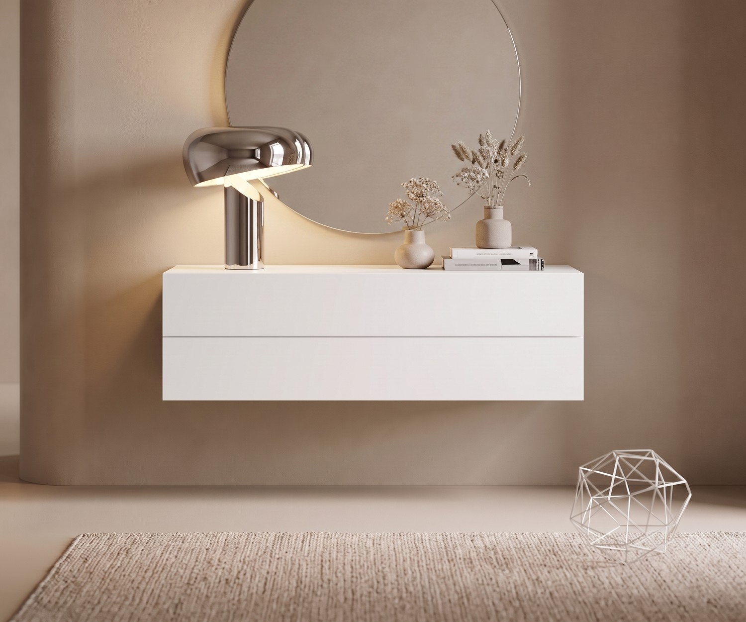 Novamobili Easy zwevende ladekast met 2 laden Zwevende ladekast Easy van Novamobili. Witte hangende commode met 2 laden in een minimalistische hal of slaapkamer.