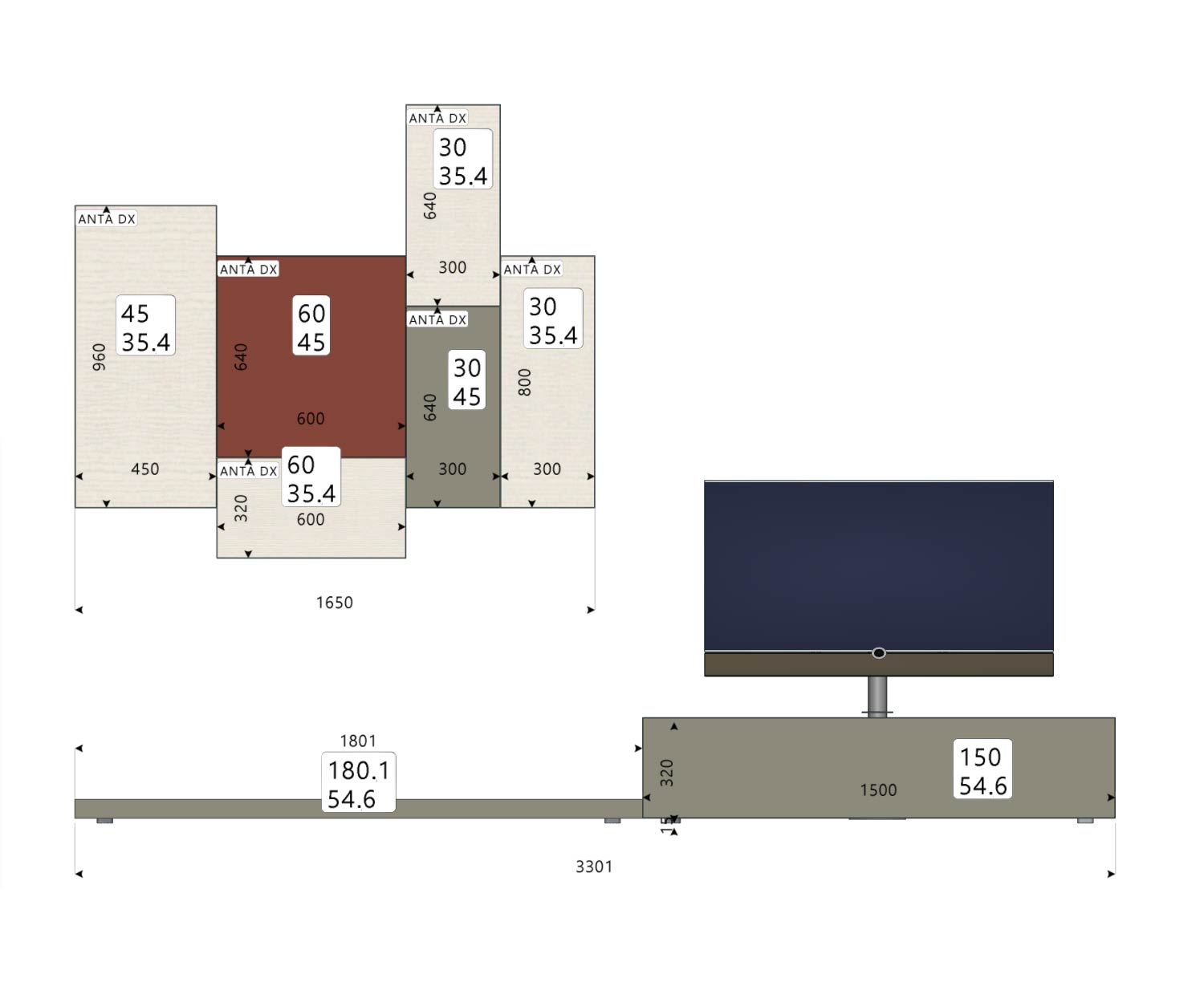 Hoogwaardige Livitalia Designer wandmeubel C49 Schets Maten Hoogwaardige Livitalia Designer wandmeubel C49 Schets Maten