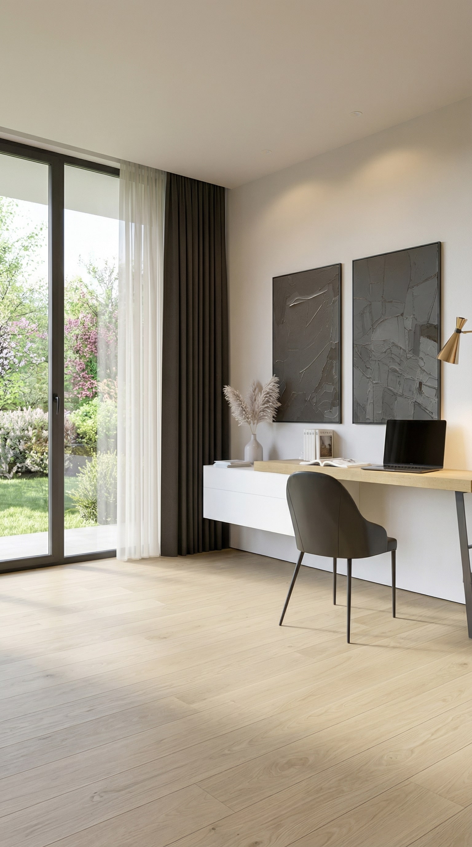 Zwevende witte wandladekast met een houten blad in een lichte ruimte Zwevende witte wandladekast met een houten blad in een lichte ruimte