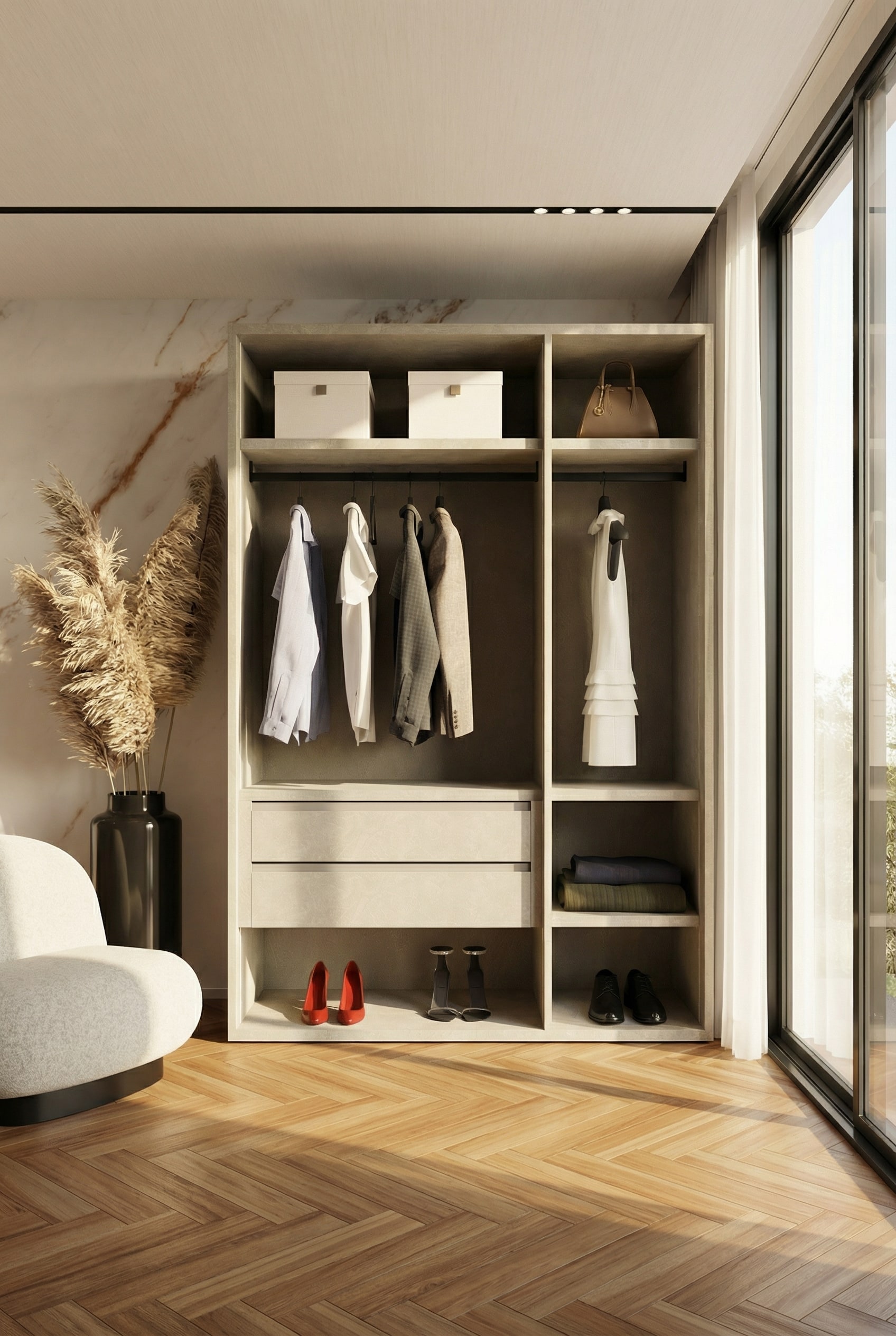 Open kledingkastsysteem in een moderne slaapkamer zonder deuren