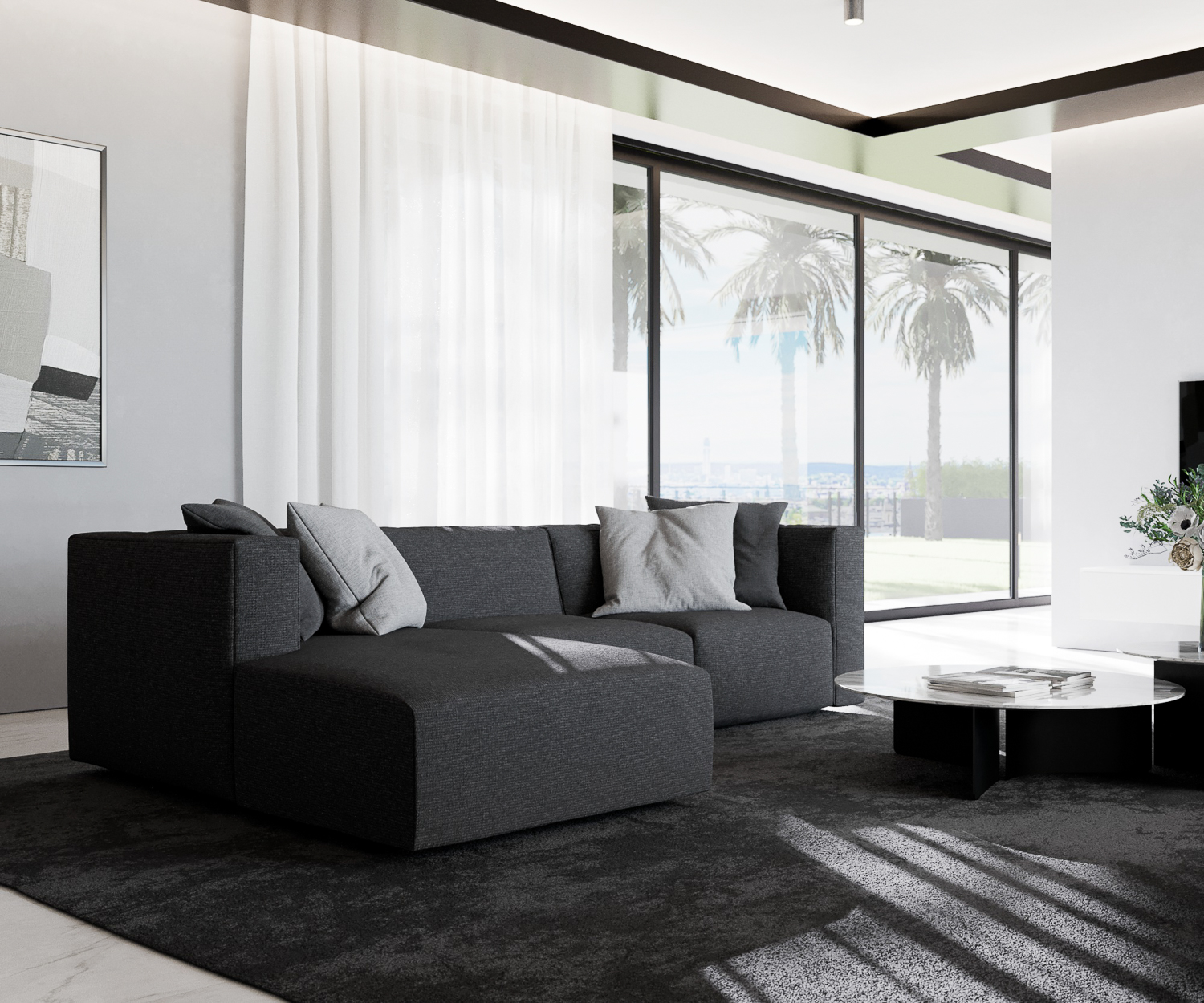 Prostoria Match L design bank met recamiere grijze stoffen bekleding zwart grijs comfortabel vanaf de zijkant Prostoria Match L design bank met recamiere grijze stoffen bekleding zwart grijs comfortabel vanaf de zijkant