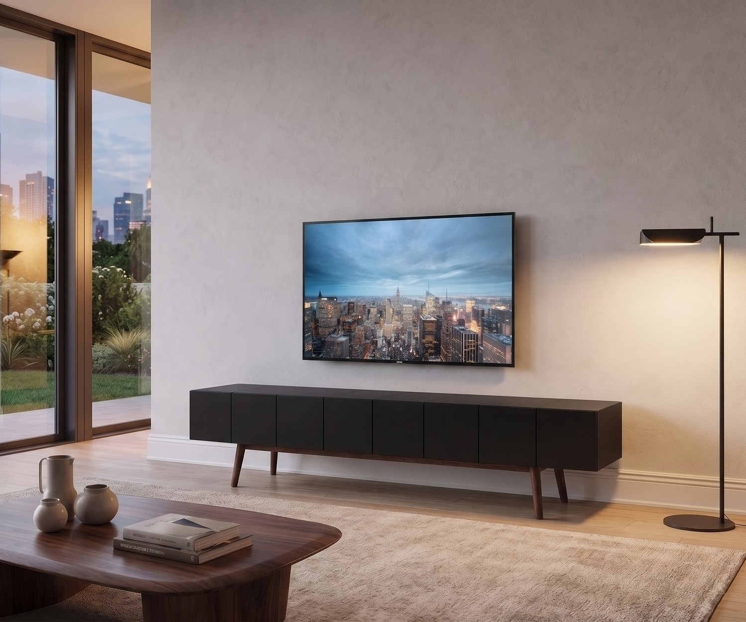 al2 design TV-lowboard MOS-I-KO 005 B met houten poten al2 TV-lowboard MOS-I-KO 005 B voor de woonkamer, mat zwart met houten poten, moderne en elegante retro stijl.