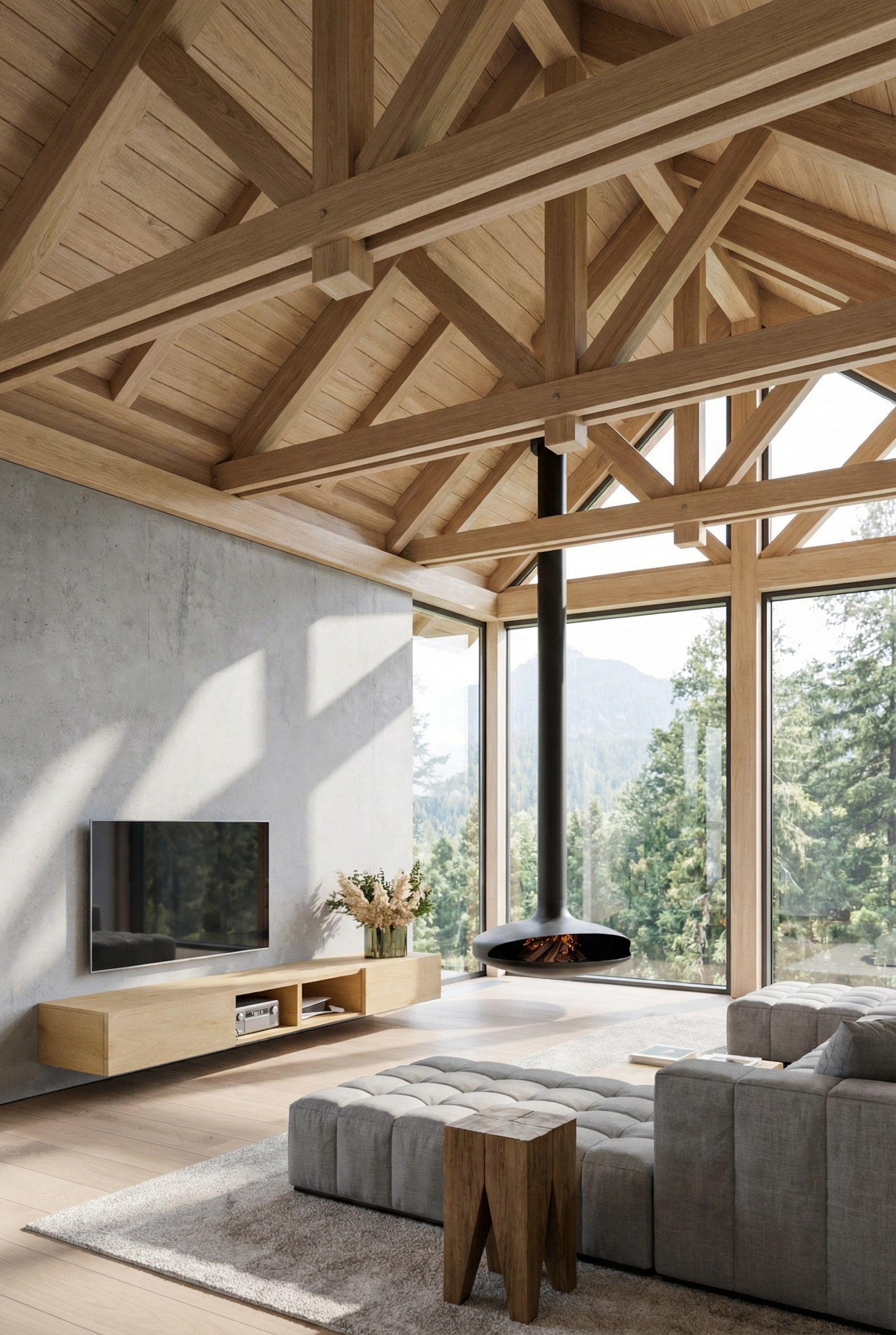 Houten lowboard voor een moderne betonwand in de woonkamer