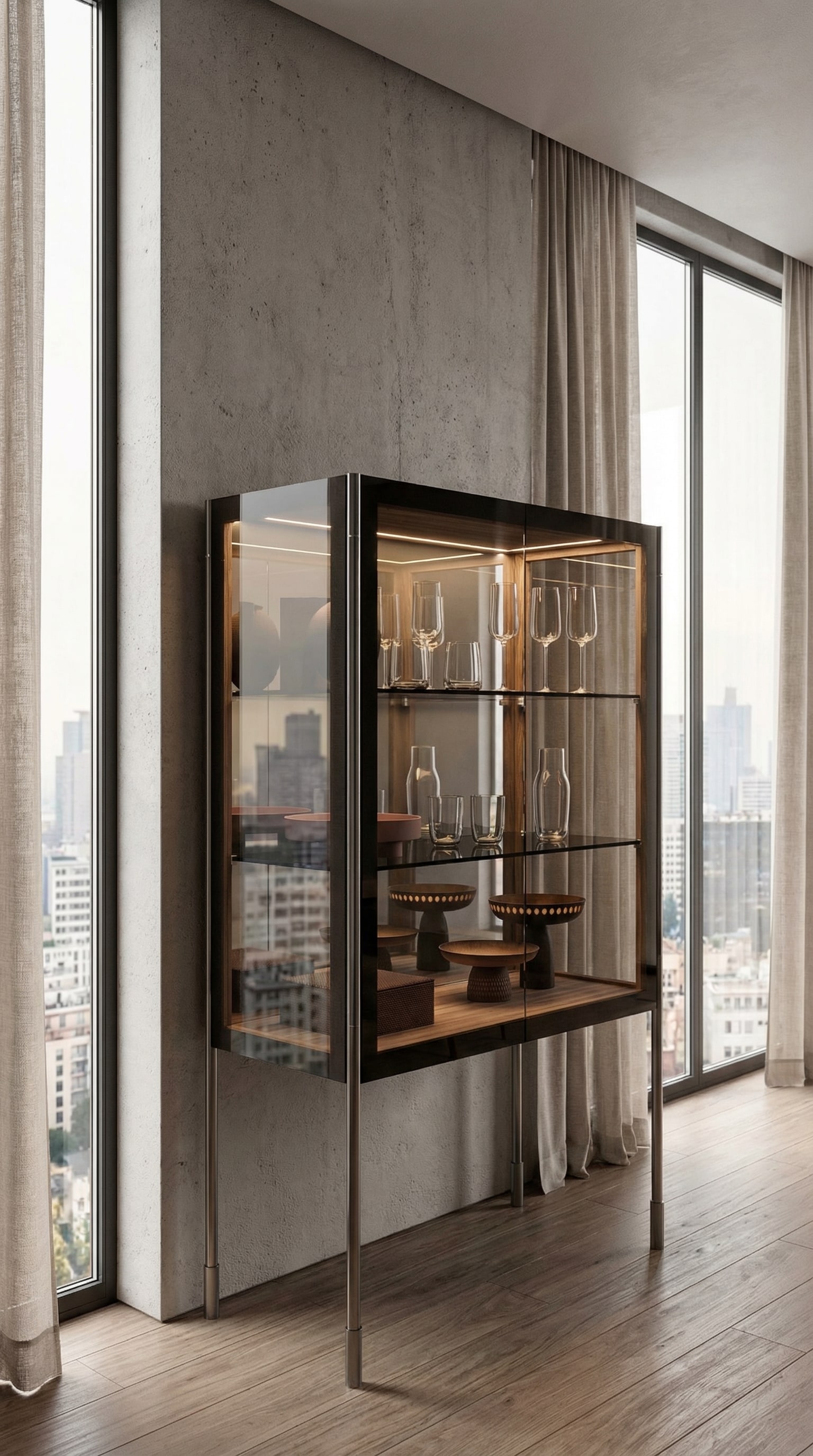 Capo d&acute;Opera Spin Highboard glazen vitrine met gecureerde kunstobjecten binnenin.