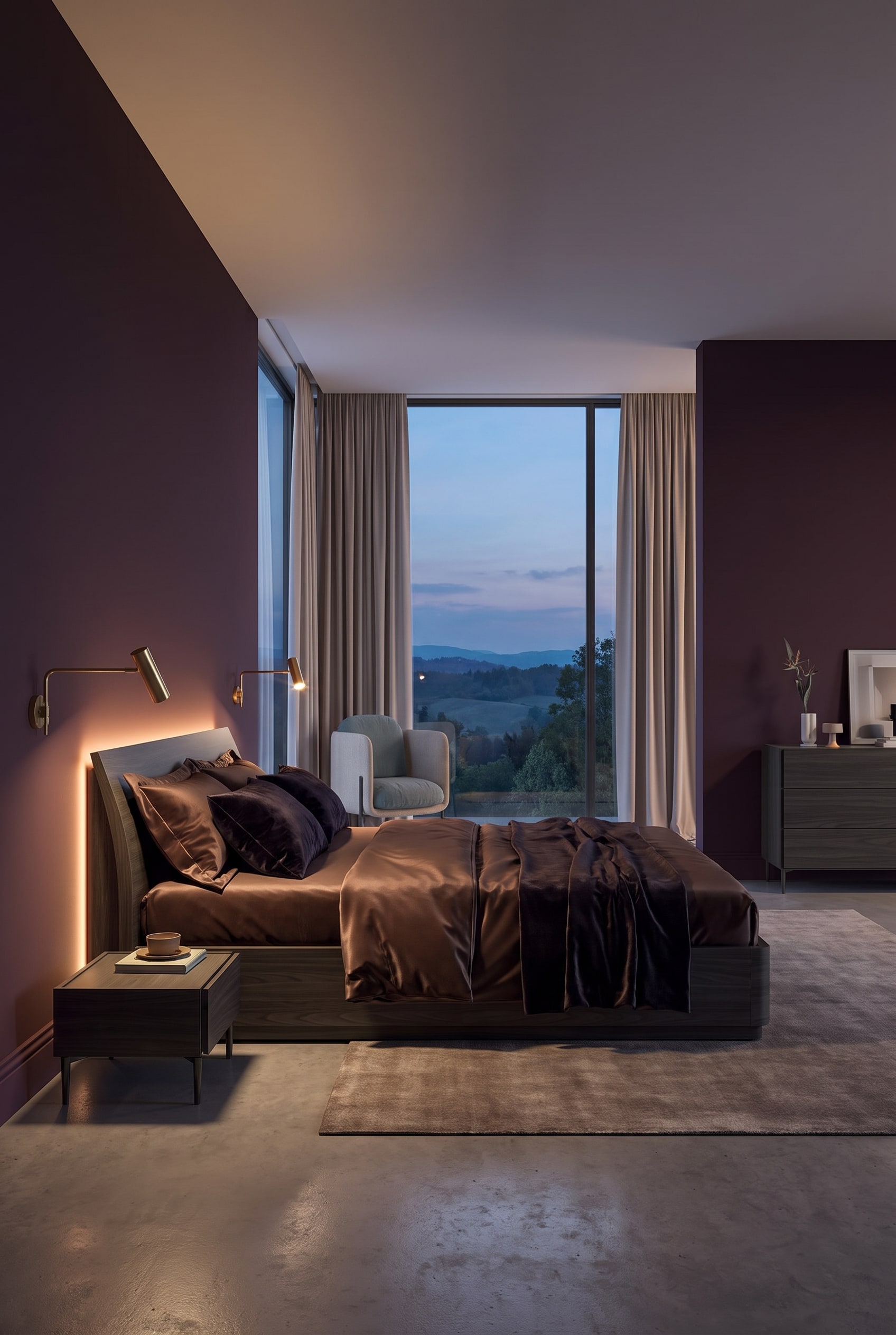 Schlafzimmer mit dunklem Holzbett im Boutique-Stil Schlafzimmer mit dunklem Holzbett im Boutique-Stil