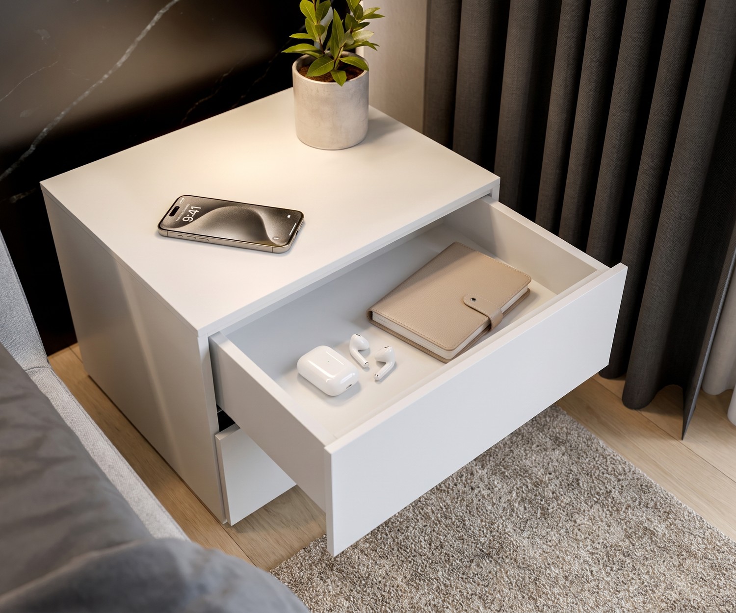 Novamobili Easy nachtkastje met 2 lades Novamobili Easy nachtkastje met 2 lades in een moderne slaapkamer, wit design nachtkastje met geopende lade.