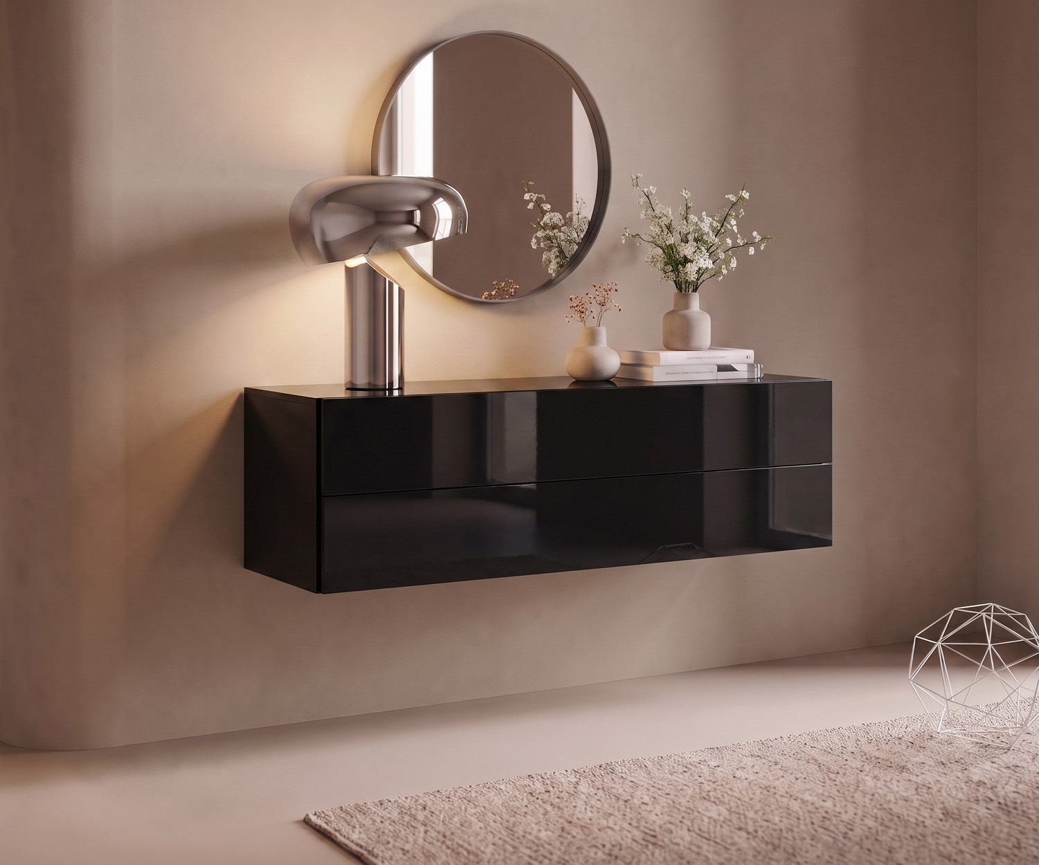 Zwevend dressoir Easy van Novamobili voor de hal in hoogglans zwart, passend in een minimalistisch modern interieur.