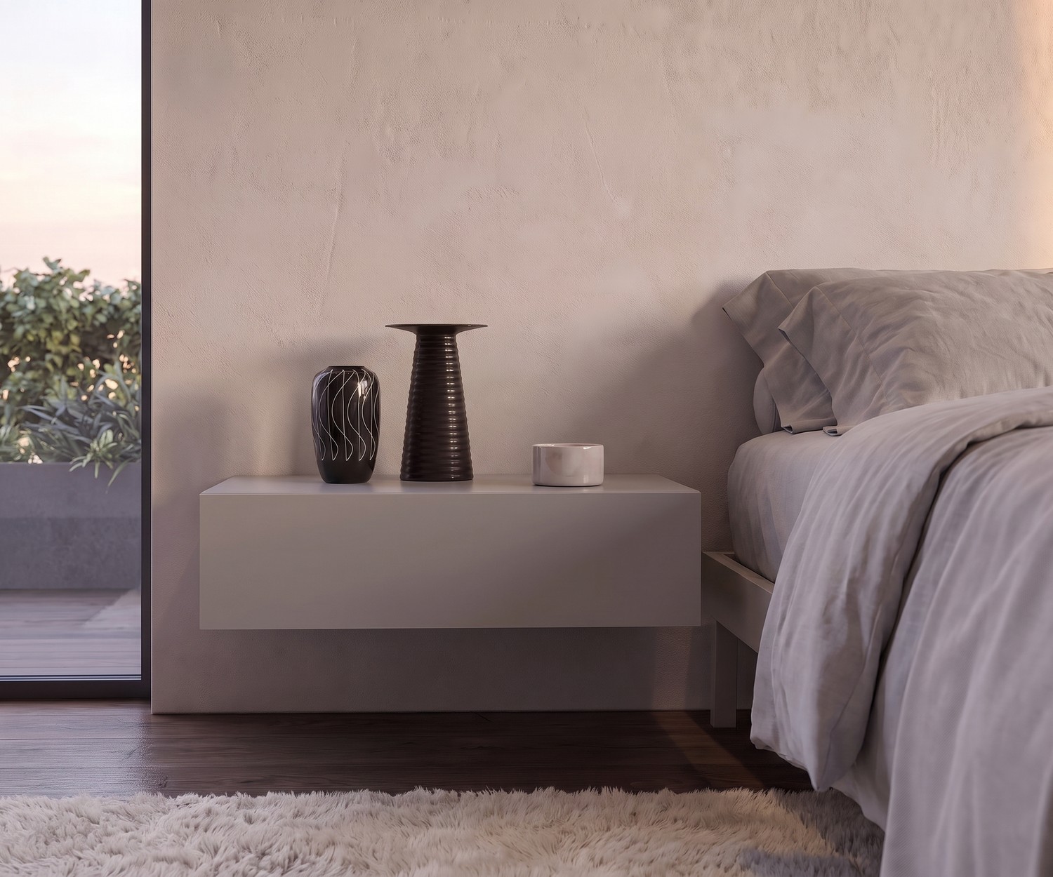Novamobili Easy zwevend nachtkastje Zwevend nachtkastje Easy van Novamobili in een moderne slaapkamer, hangende lichte lade naast een comfortabel bed.