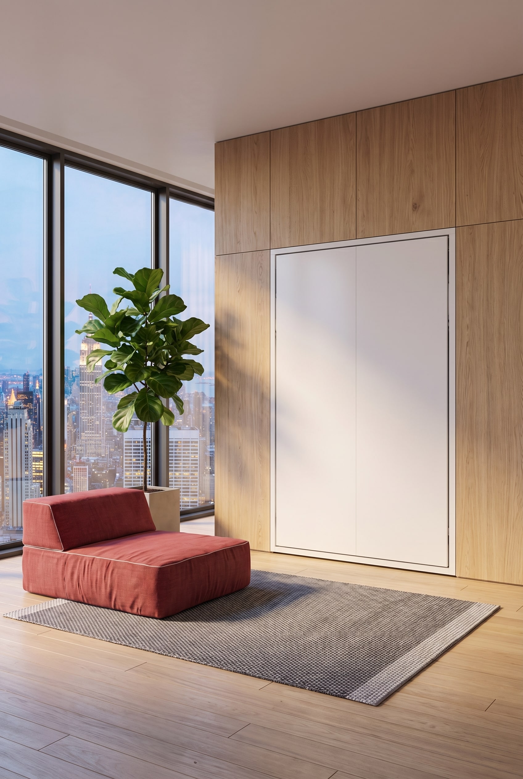 Minimalistische ruimte met een volledig vlak ge&iuml;ntegreerde bedkast, die oogt als een luxe wandbekleding.