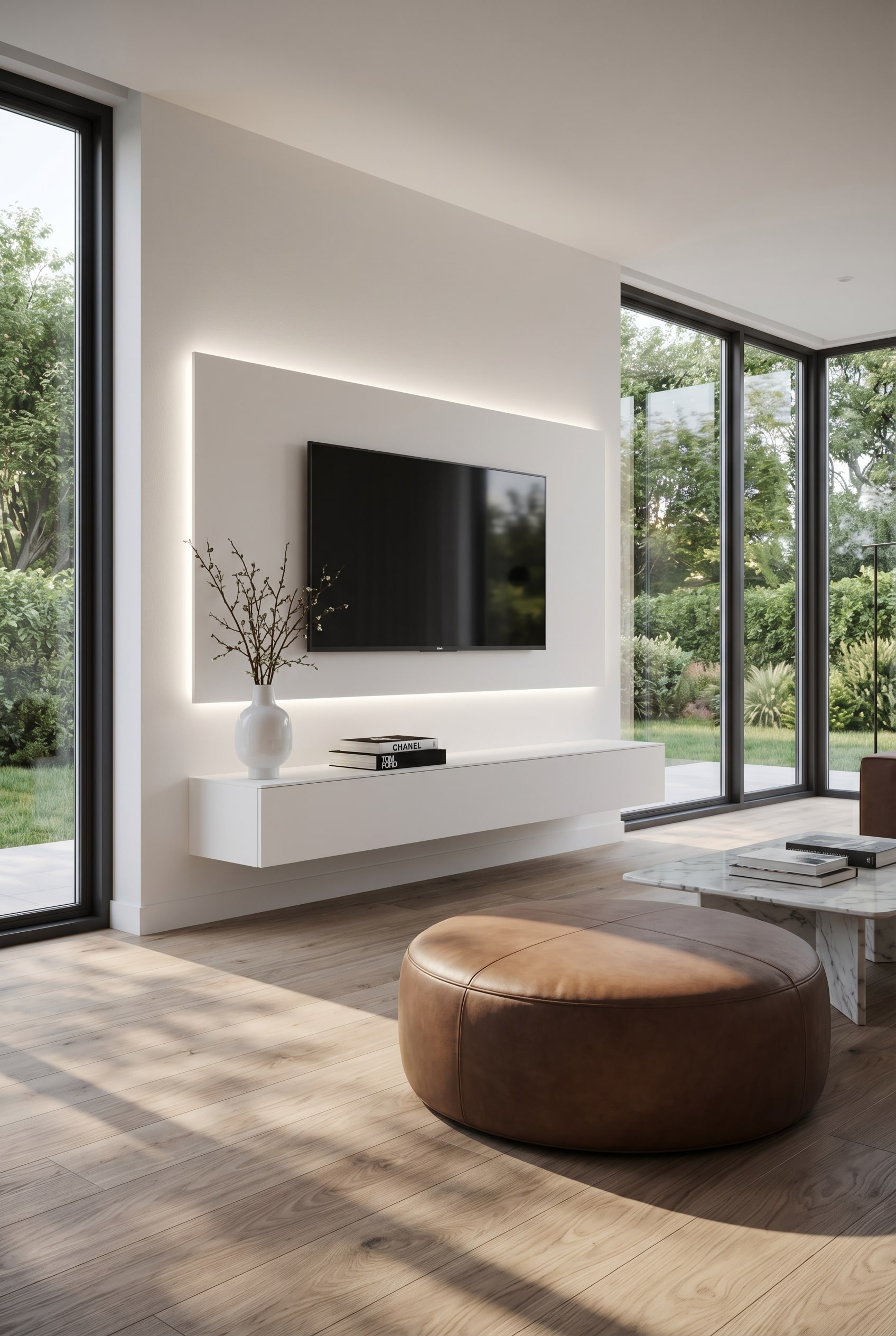 Schwebendes TV Wandboard Super in einem minimalistischen, lichtdurchfluteten Luxus-Wohnzimmer Schwebendes TV Wandboard Super in einem minimalistischen, lichtdurchfluteten Luxus-Wohnzimmer