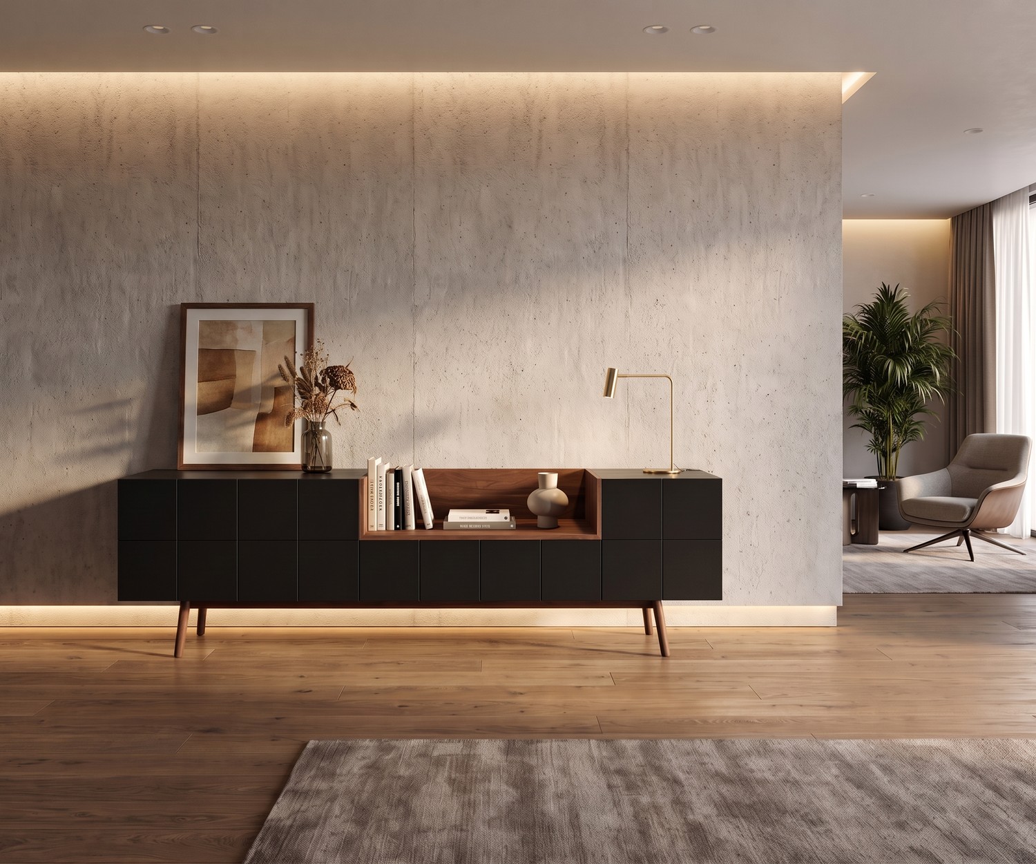 al2 MOS-I-KO retro design dressoir met open houten vak al2 design dressoir MOS-I-KO 003 A voor de woonkamer in mat lak en hout, ideaal als stijlvol retro opbergmeubel.