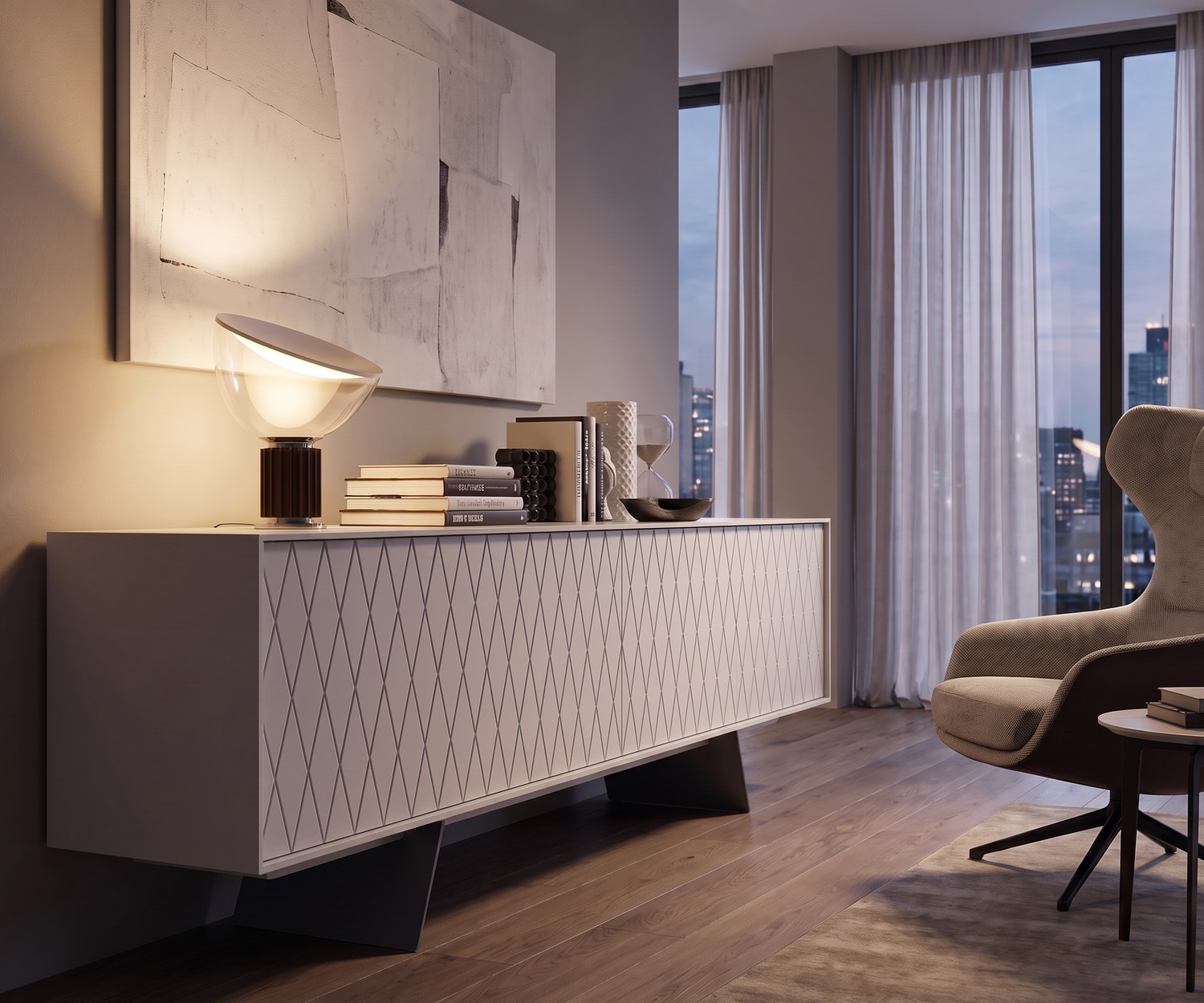 al2 e-klipse 003 design dressoir met ruitpatroon in een moderne woonkamer, stijlvolle witte opbergkast