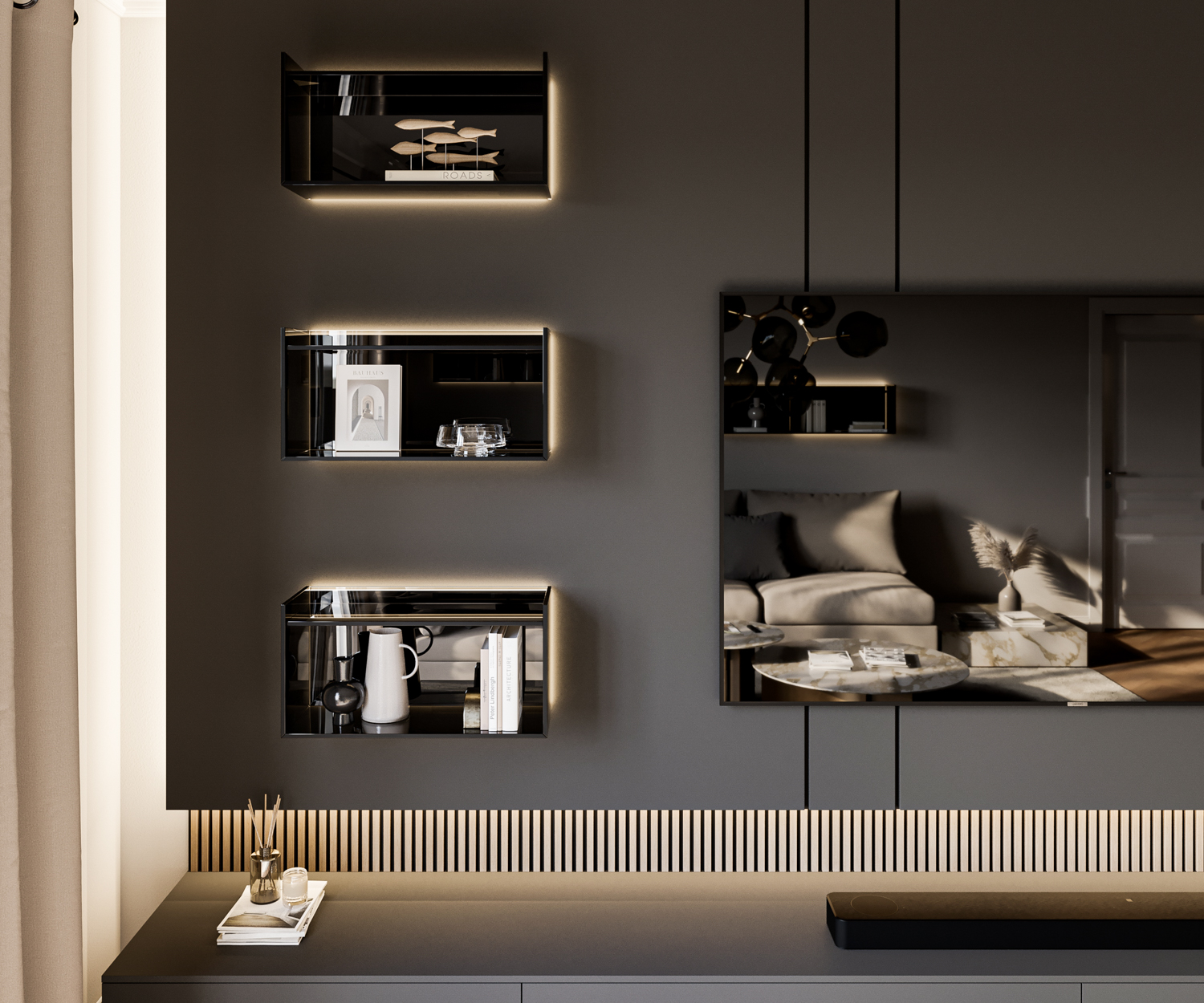 Glazen legger met verlichting van Livitalia met drie legplanken boven elkaar Design lowboard met TV Glazen legger met verlichting van Livitalia met drie legplanken boven elkaar Design lowboard met TV