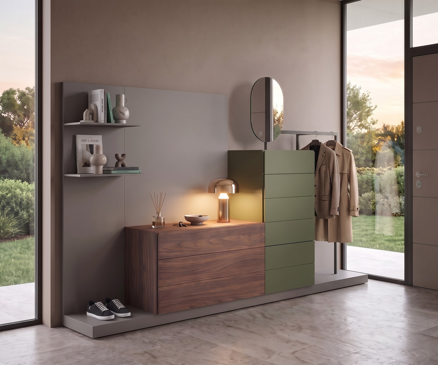 Novamobili Easy 9 halgarderobe met commode in walnoot en groen, moderne modulaire halkast met spiegel en kledingroede.