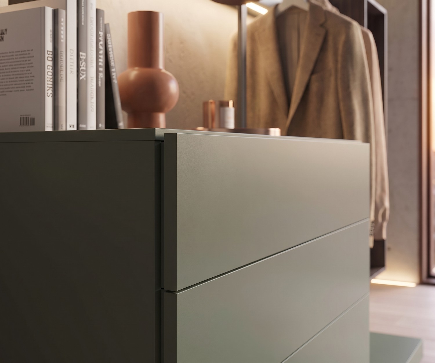 Novamobili Easy 4 design commode met garderobe in groen voor de slaapkamer, moderne matte laden in detail.
