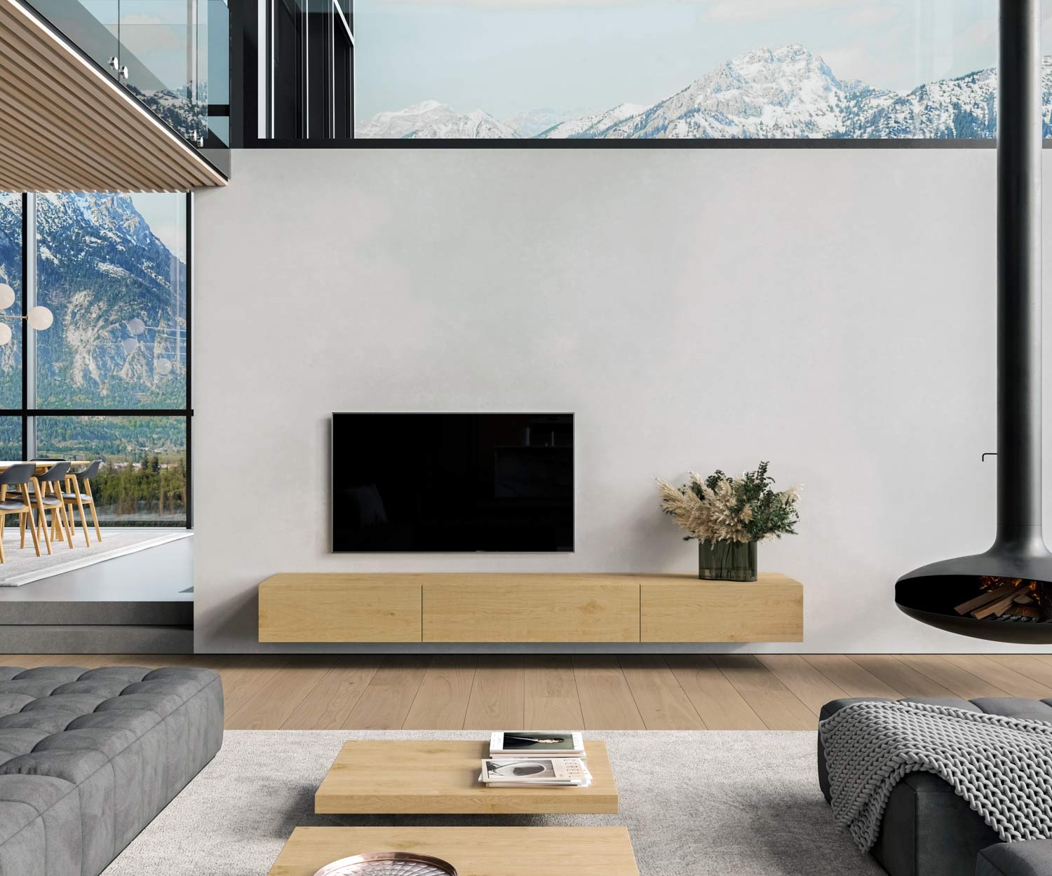 Design houten TV lowboard hangend zwevend configurator naturel licht eiken Design houten TV lowboard hangend zwevend configurator naturel licht eiken