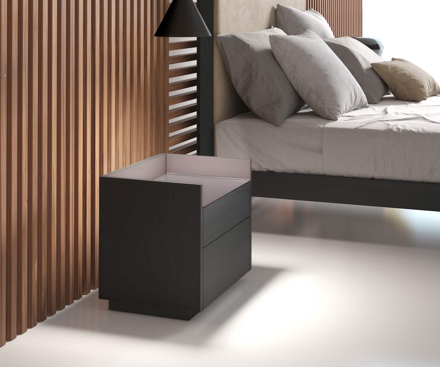 Hoogwaardig design nachtkastje in de slaapkamer met twee donkere lades