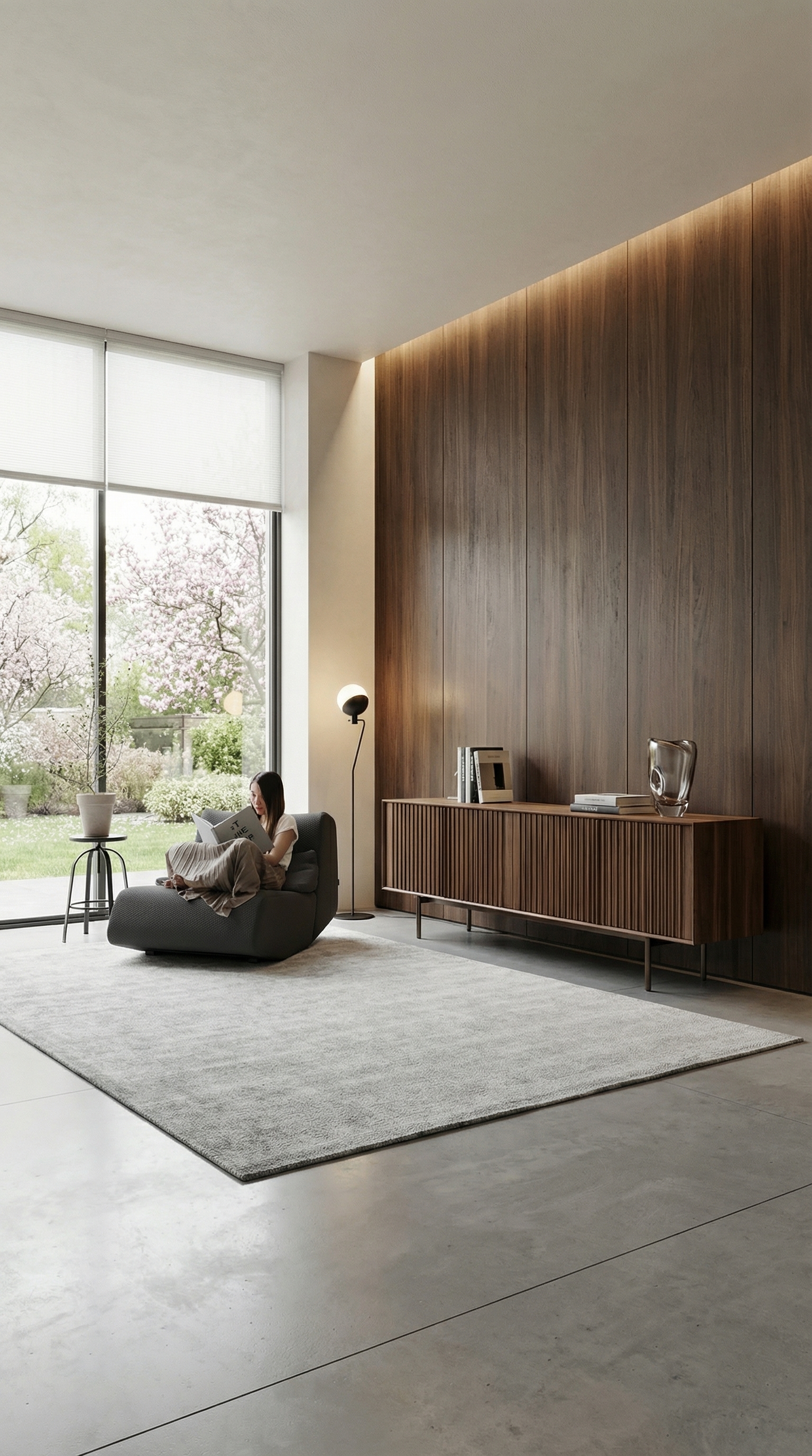 Elegante woonkamer in Modern Heritage stijl met donkere houten wanden en minimalistische inrichting