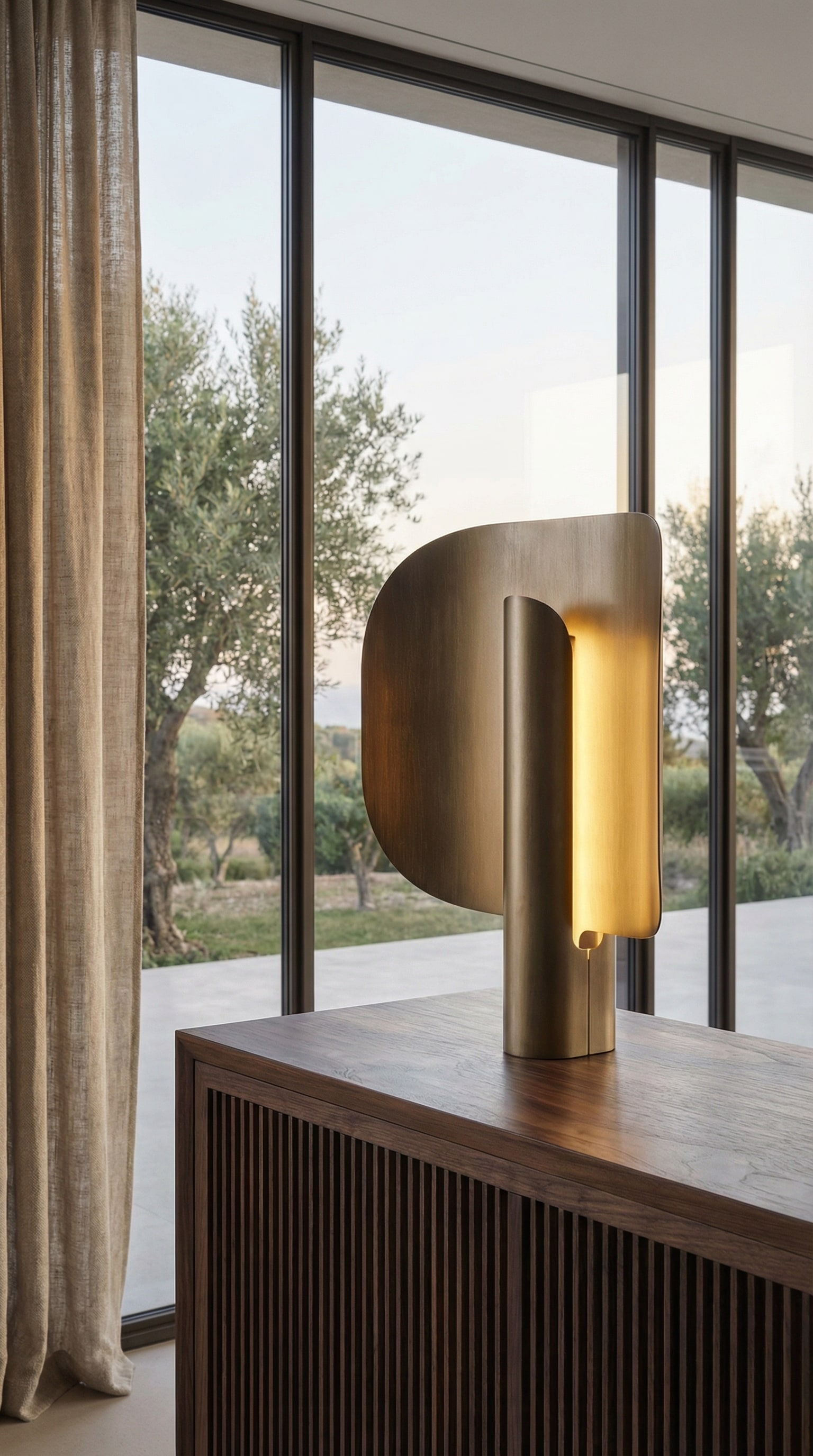 Punt Stockholm Leuchte op een elegante houten ladekast in een lichtdoorstroomde ruimte.