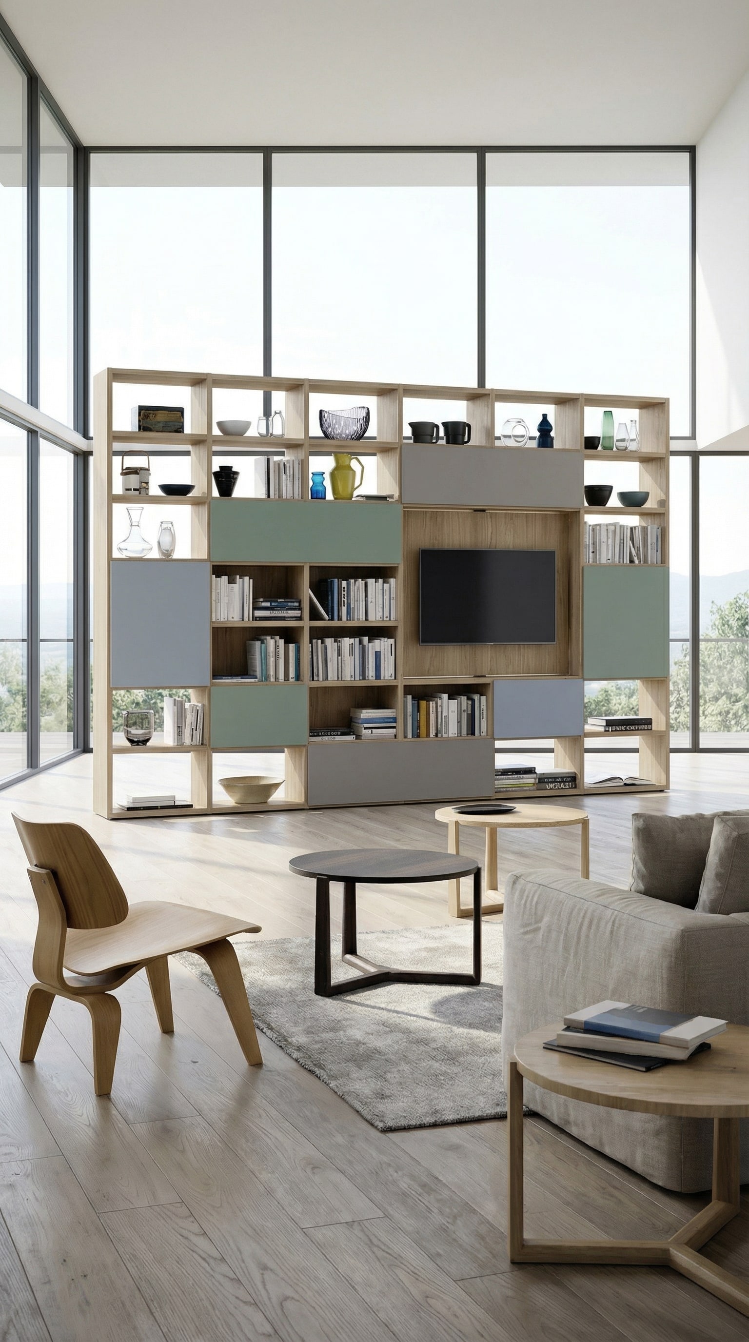 Modulair boekenrek met geïntegreerde tv en verborgen technologie Modulair boekenrek met geïntegreerde tv en verborgen technologie