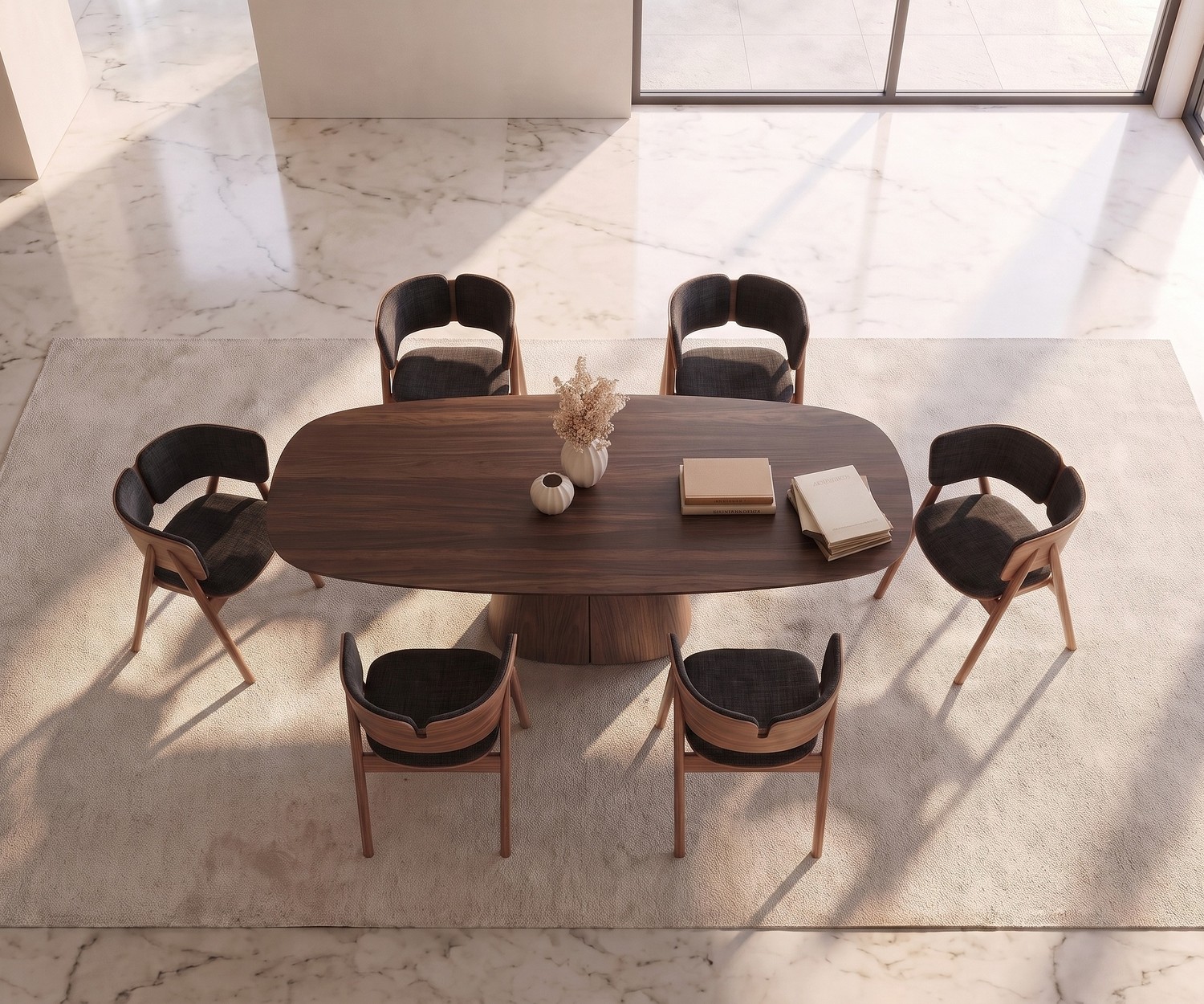 al2 tessera 001 ovale design eettafel van hout voor de eetkamer met bijpassende stoelen op een tapijt.