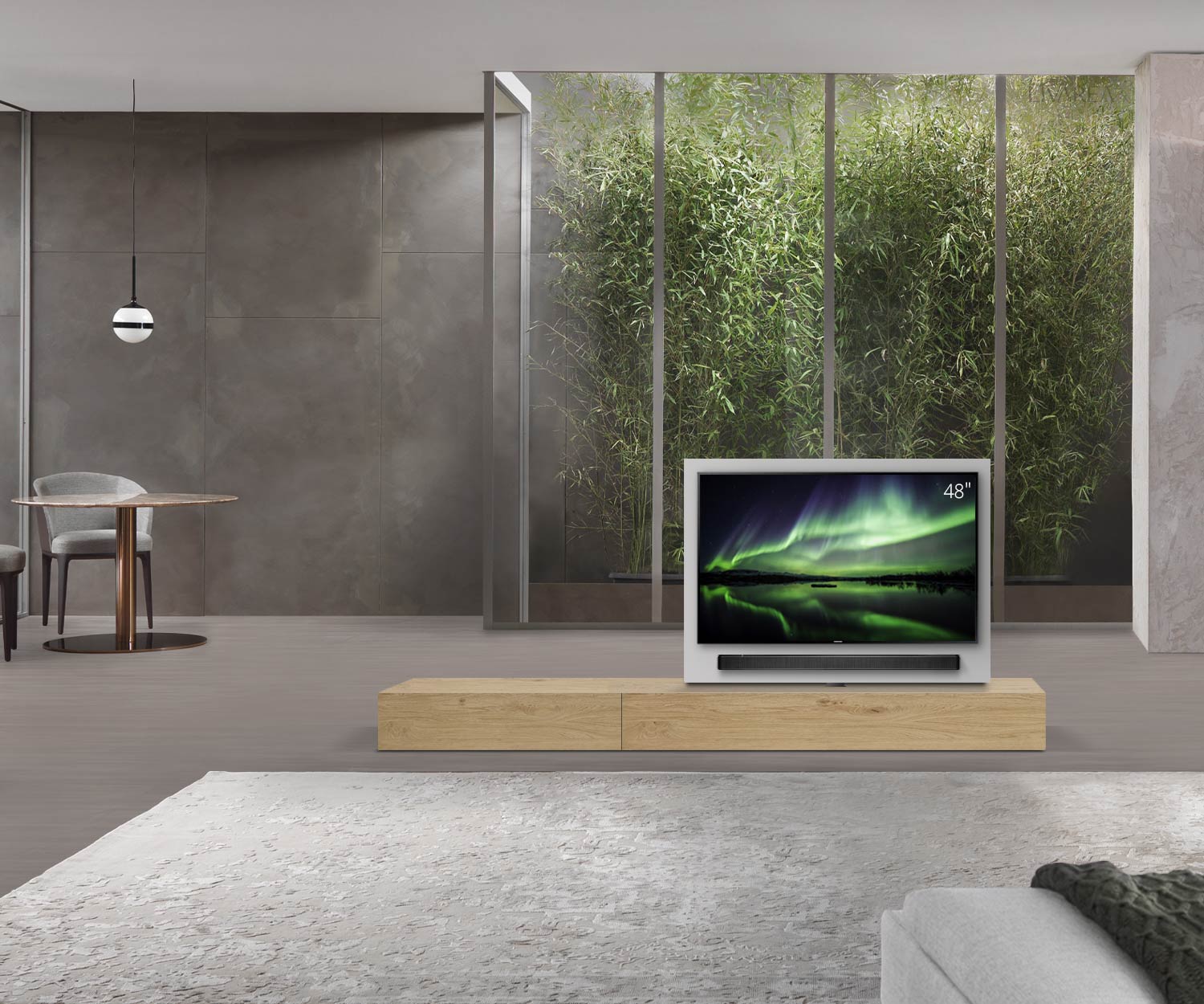 Livitalia Roto design lowboard ruimteverdeler met draaibaar TV-paneel B150 50 H25 D56 EiHe B90li oBox