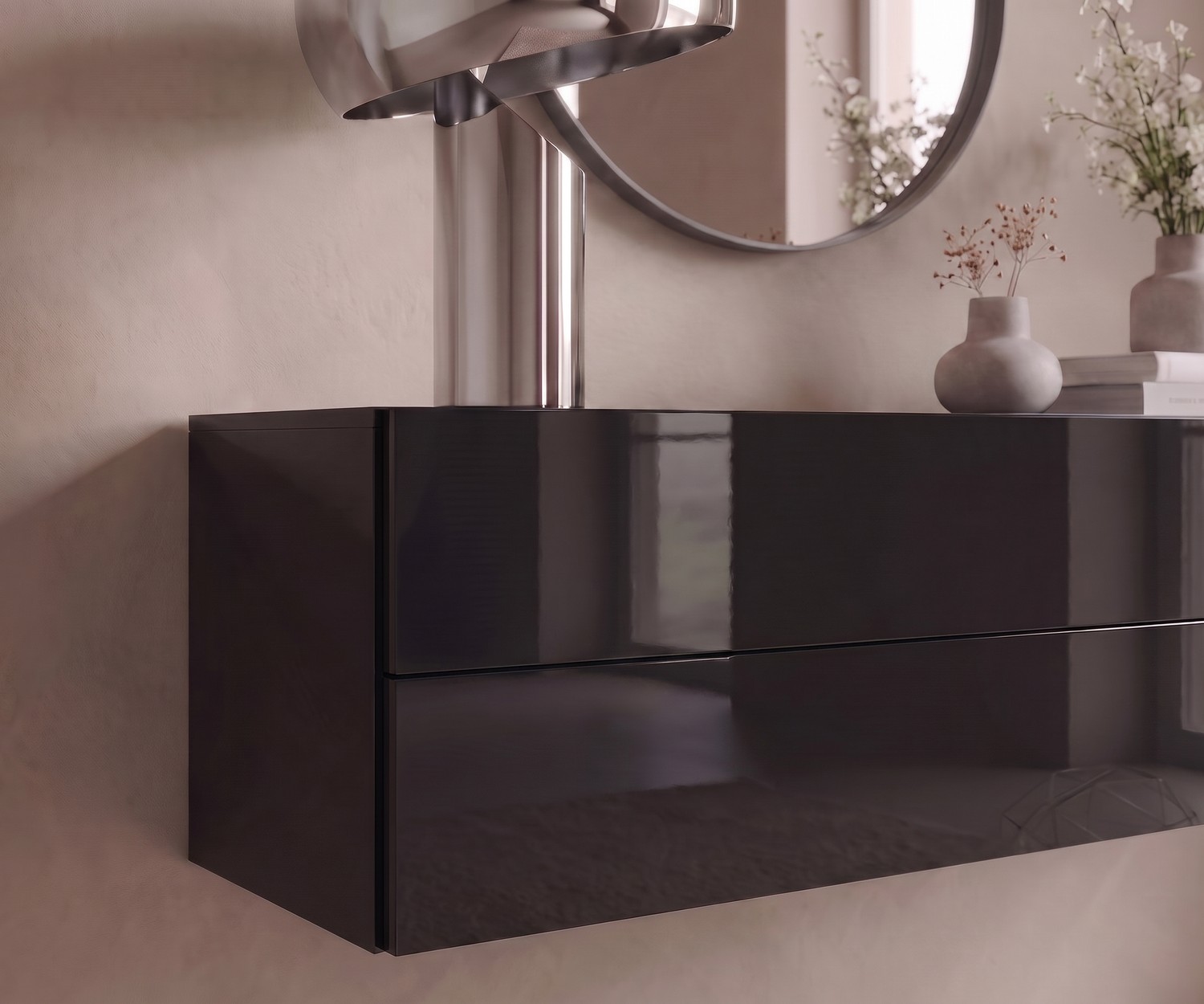 Novamobili Easy zwevende ladekast in hoogglans zwart Zwevende ladekast voor de slaapkamer: Easy zwart hoogglans dressoir van Novamobili, modern Italiaans design.