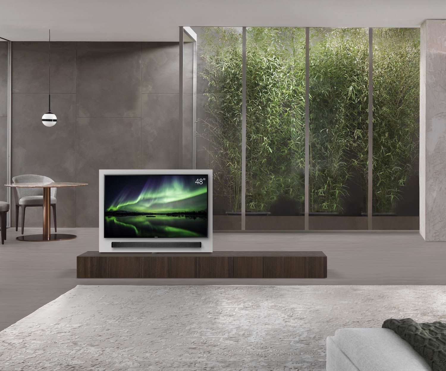 Livitalia Roto design lowboard ruimteverdeler met draaibaar TV-paneel B150 50 H25 D47 EiBr B90re oBox