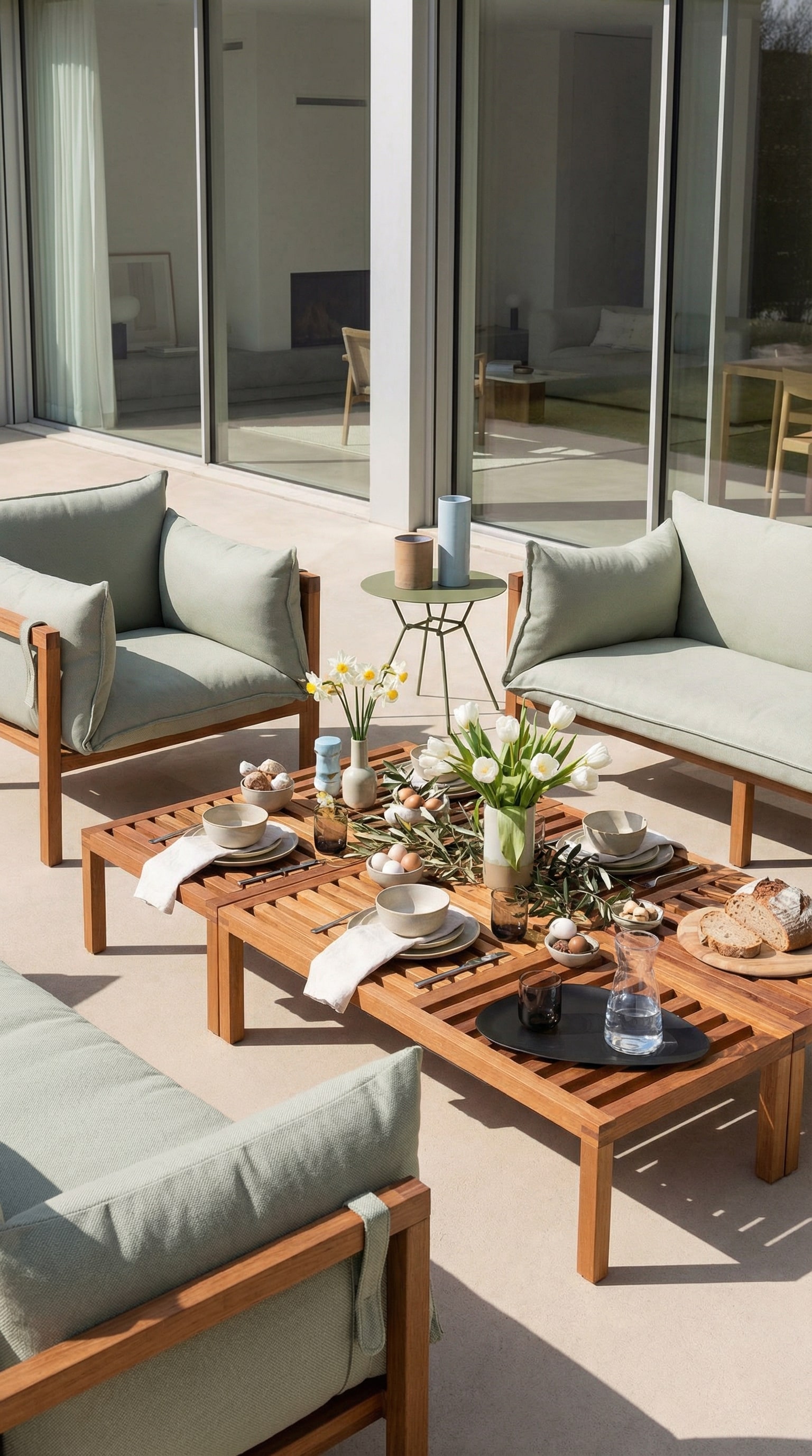 Lage massieve outdoor bijzettafel van hout naast comfortabele loungekussens Lage massieve outdoor bijzettafel van hout naast comfortabele loungekussens