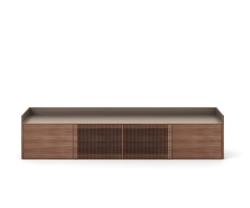 Punt Stockholm TV design lowboard dressoir poten wandhangend eiken walnoot aluminium goud rosé brons