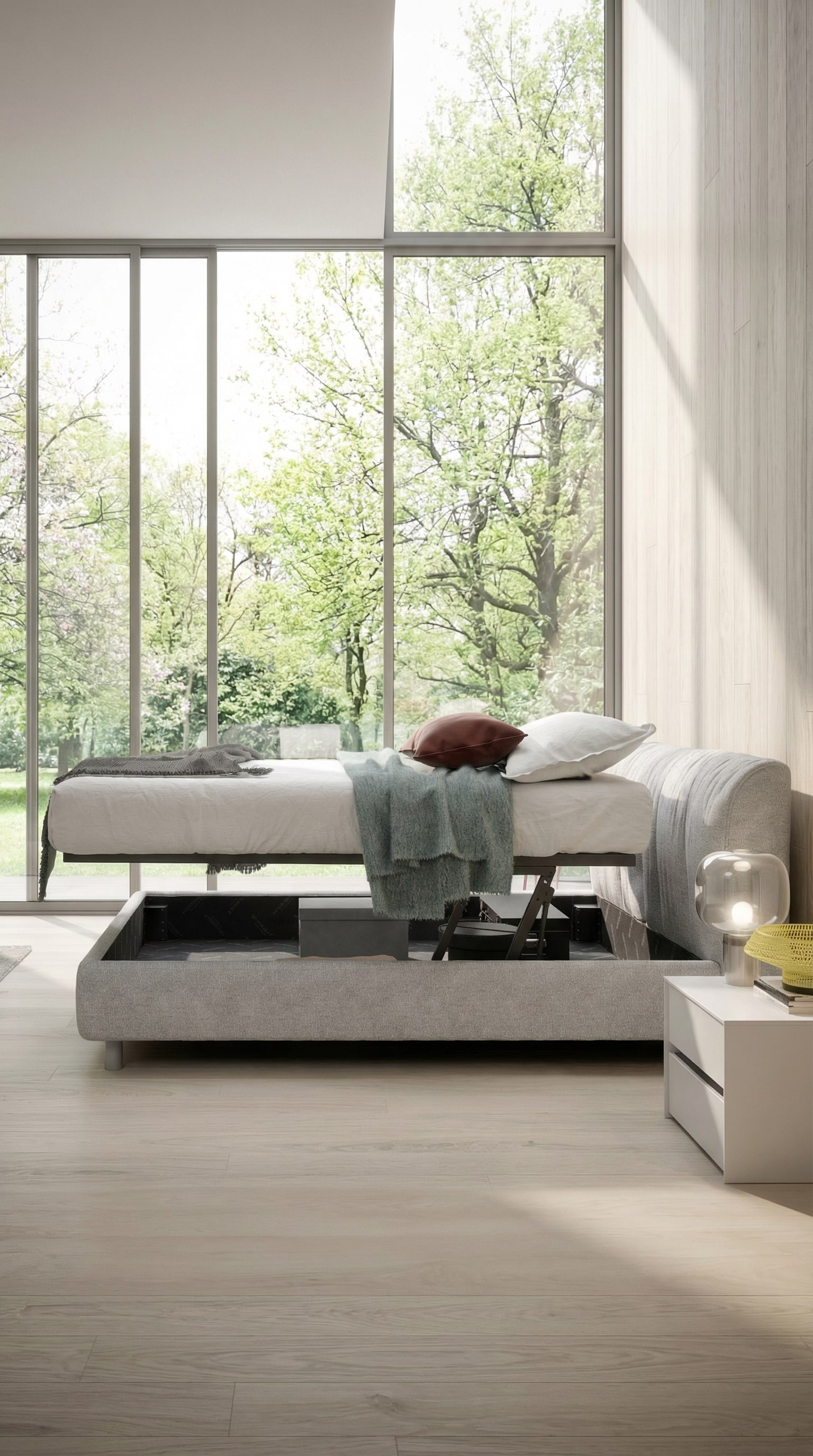 Novamobili gestoffeerd bed Belleville met bedlade in een lichte, lenteachtige slaapkamer Novamobili gestoffeerd bed Belleville met bedlade in een lichte, lenteachtige slaapkamer